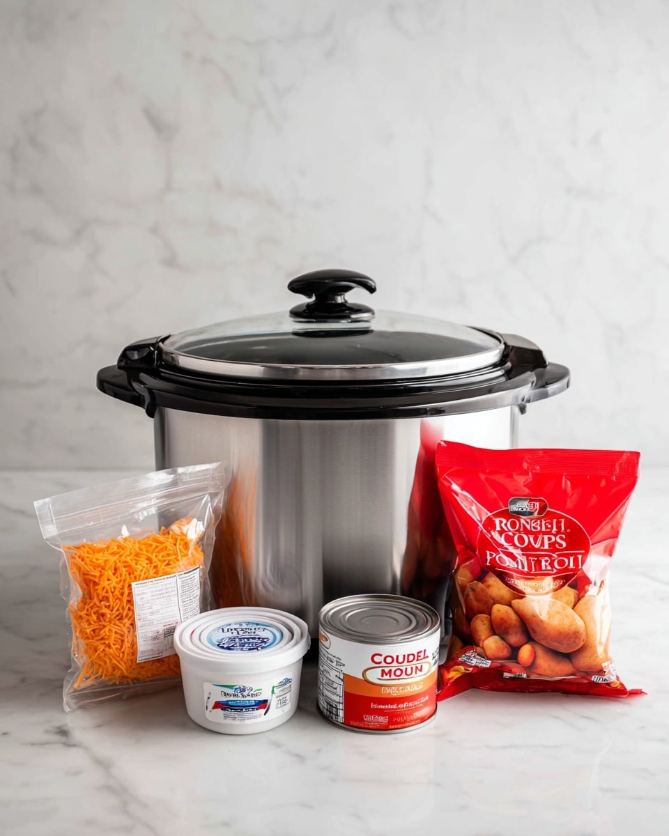 The image shows a stainless steel slow cooker with a black rim and handles, sitting on a white marbled surface. In front of the cooker, from left to right, there is a clear plastic packet of shredded double cheddar blend cheese with a white and orange label, a white tub of sour cream with blue and red text, a red and white can of cream of mushroom soup, and a red bag of frozen potatoes with onions and peppers, all arranged neatly in front of the slow cooker. photo taken with an iphone --ar 4:5 --v 7