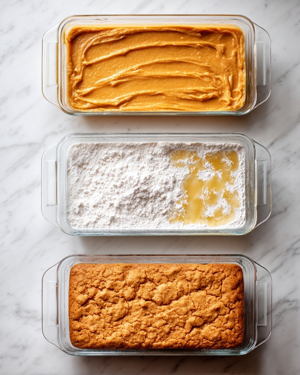 The image shows a clear glass rectangular baking dish with four frames of a cooking process on a white marbled surface. In the first frame, the dish is filled with one smooth layer of thick, orange batter, evenly spread. The second frame shows the same dish with a fine white powder, likely flour or sugar, covering the entire surface in one uniform layer. The third frame has a mixed layer where a yellow liquid, possibly melted butter, is poured over patches of white powder scattered on top, creating a textured mix with visible wet and dry spots. The last frame shows the dish with a thick, golden-brown baked crust, cracked and rough in texture, fully covering the surface. photo taken with an iphone --ar 4:5 --v 7