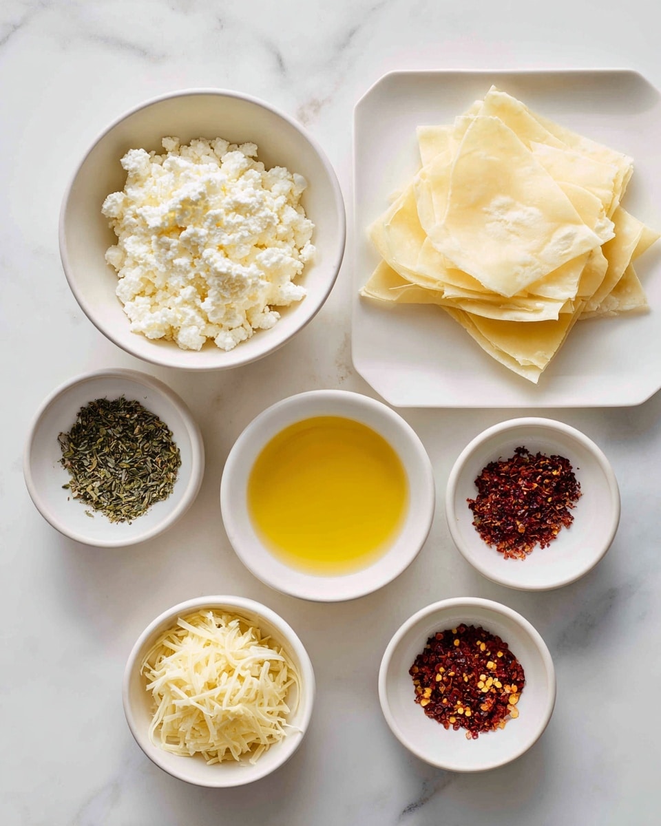The image shows six white bowls and plates arranged on a white marbled surface. The top left bowl is filled with crumbly white cheese with a soft texture. To the right, there is a square white plate stacked with thin, pale yellow sheets that look like dough layers. In the center, a small white bowl holds bright yellow melted butter. Below it, there is a small bowl filled with shredded pale yellow cheese. To the left, another small white bowl contains dried green herbs with a coarse texture. The last small bowl on the right contains red chili flakes that look dry and slightly rough. Photo taken with an iphone --ar 4:5 --v 7