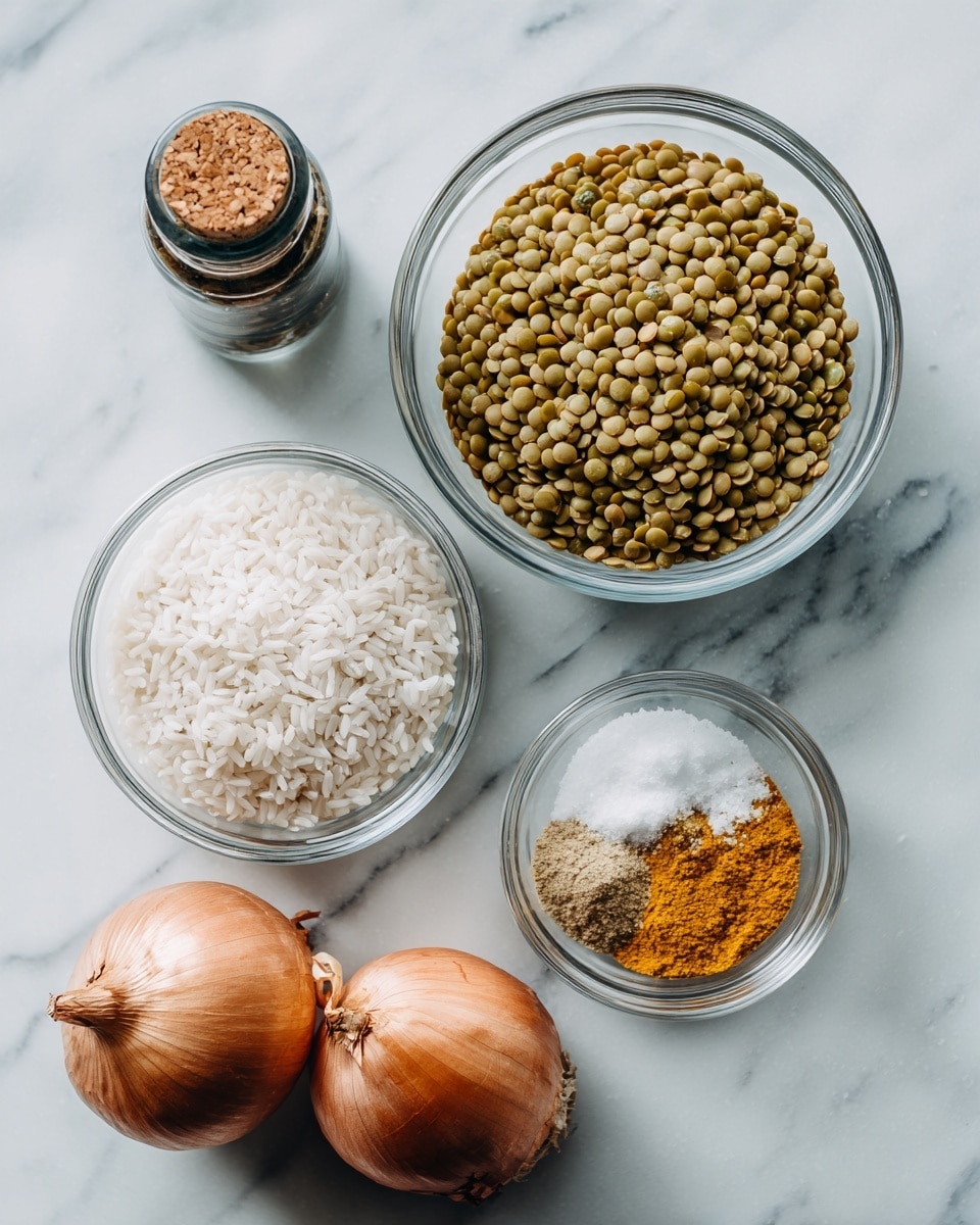 The image shows a clean arrangement of ingredients on a white marbled surface. At the center top is a clear glass bowl filled with round green lentils. Below this, slightly to the left, is another clear glass bowl with white rice grains. Next to the rice bowl on the right are two smaller clear glass bowls: one has brownish-yellow curry powder and the other has white salt. To the left of the bowls is a small dark glass bottle with a cork stopper, and to the right side of the image, two whole brown onions rest on the white marbled surface. The colors are natural and the setting is simple and organized. Photo taken with an iphone --ar 4:5 --v 7