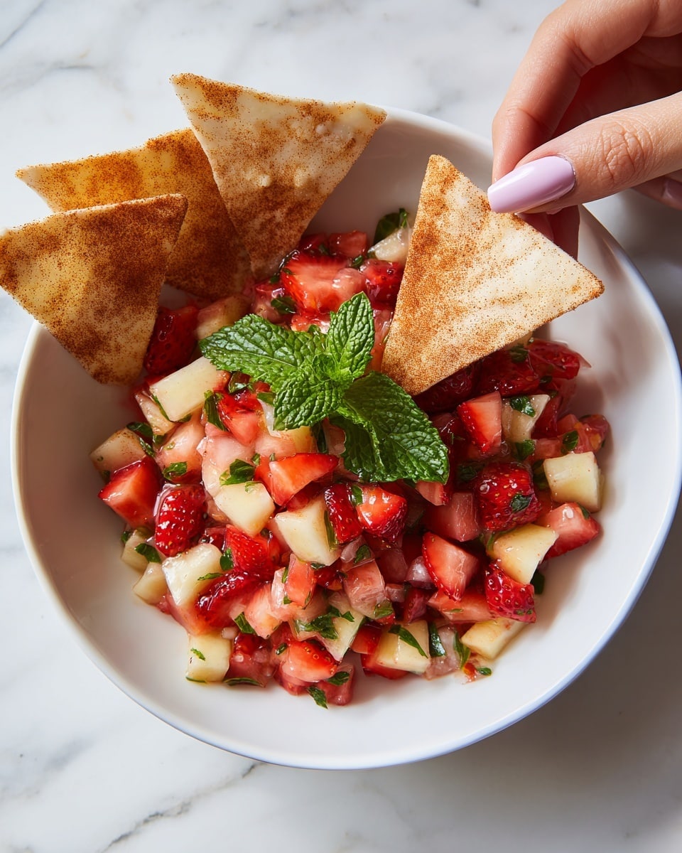 A white shallow bowl filled with two layers of finely chopped fruit salsa. The bottom layer has beige and light yellow small pieces of apple, while the top layer has bright red diced strawberries mixed evenly with bits of green mint leaves. In the middle of the salsa, there is a small sprig of fresh green mint for decoration. Around the bowl, there are several triangular white tortilla chips coated with cinnamon sugar, some of which are slightly curled or stacked. A woman’s hand with light pink nail polish is holding one chip dipped in the salsa above the bowl. The whole scene sits on a white marbled texture surface. photo taken with an iphone --ar 4:5 --v 7