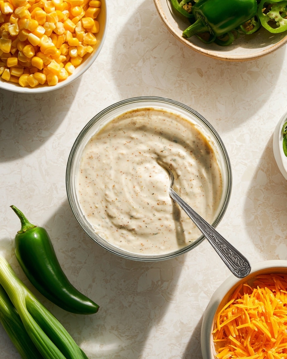A clear glass bowl in the center holds a smooth, creamy white sauce with light brown specks mixed throughout, with a silver spoon resting inside. Around the bowl, there are three white bowls: one with bright yellow corn kernels on the upper left, another with orange shredded cheese on the lower right, and green vegetables including a whole jalapeño and green onions on a white marbled surface. The overall setting is clean with soft natural light casting gentle shadows. photo taken with an iphone --ar 4:5 --v 7