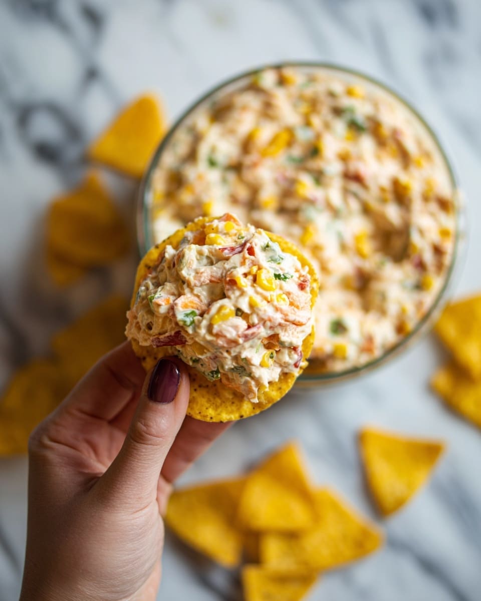 A woman's hand holds a single yellow corn chip with a creamy, chunky dip on top that has visible pieces of corn, red pepper, and green herbs, showing a mix of white, yellow, red, and green colors. In the blurred background, there is a round clear container filled with the same dip, showing a creamy, textured mix of yellow, orange, and green bits inside. Below the container, scattered yellow corn chips are partly visible, all placed on a white marbled surface. photo taken with an iphone --ar 4:5 --v 7