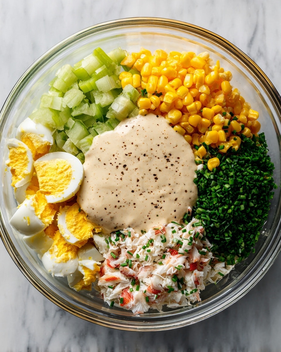 A clear glass bowl sits on a white marbled surface holding six distinct layers of ingredients arranged side by side: chopped light green celery, small yellow cubes of cheese, finely chopped green chives, bright yellow corn kernels with some chives mixed in, shredded white and red crab meat, and chopped hard-boiled egg pieces with yellow yolks and white parts. In the center on top of these layers is a creamy light beige sauce with visible black pepper specks, smooth in texture. The photo is taken with an iphone --ar 4:5 --v 7