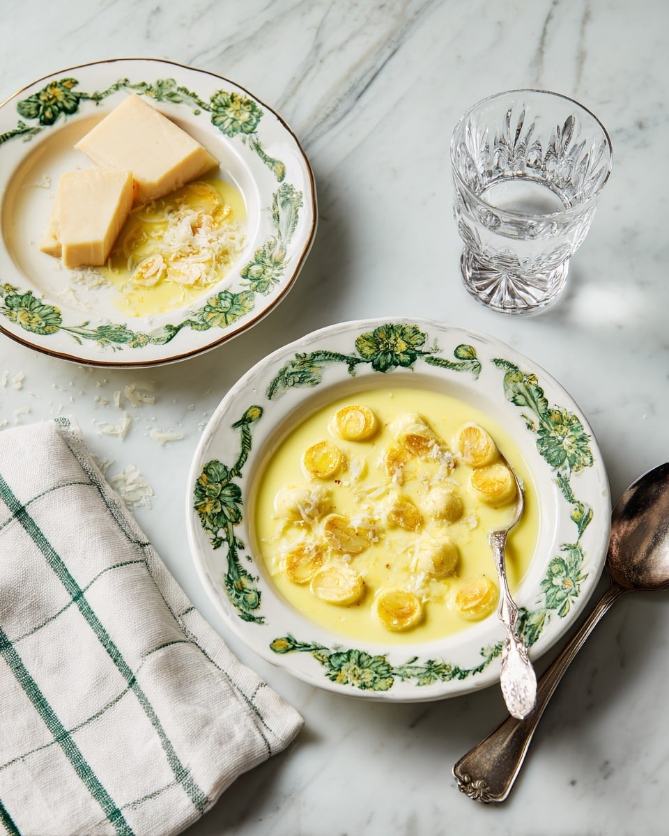 Two shallow white bowls with green floral patterns around the edges hold a yellow creamy dish with small round pieces from the center to the sides. One bowl has a silver spoon resting inside it with some of the dish on the spoon. A clear crystal water glass sits to the right of the bowls on a white marbled surface. To the left, there is a small white plate with a beige rim containing a block of pale yellow cheese and some scattered cheese flakes. Below this plate is a white towel with green grid lines. photo taken with an iphone --ar 4:5 --v 7