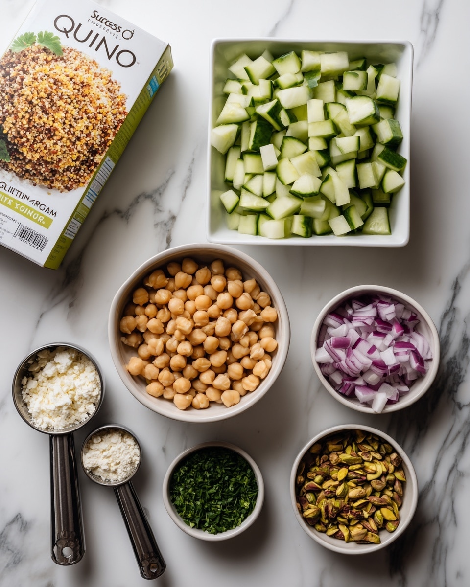 The image shows various small white bowls and measuring cups arranged on a white marbled surface. The biggest square bowl contains chopped green cucumber pieces. Next to it, a white round bowl holds light brown chickpeas. There is a smaller white bowl filled with chopped green herbs, and another white bowl with chopped pistachios showing green and brown colors. Two metal measuring cups are placed nearby; one filled with crumbled white cheese and the other with diced red onions. A box of Success brand tri-color quinoa is positioned in the upper left corner, showing a colorful image of cooked quinoa on the front. Photo taken with an iphone --ar 4:5 --v 7