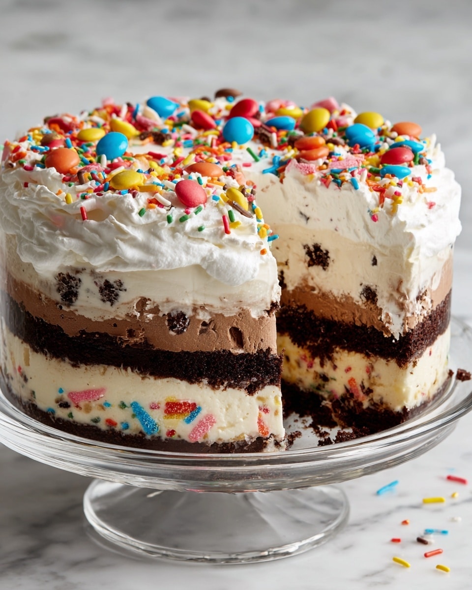 A colorful layered ice cream cake in a clear glass dish on a white marbled surface. The cake has multiple layers: a bottom dark brown chocolate cake layer, followed by a thick light cream layer, then a thick chocolate ice cream layer with small colorful sprinkles inside, topped by another thin dark chocolate cake layer. Above this is a thin cream layer, then a thick white whipped cream layer covering the top. The top whipped cream layer is decorated with an array of bright, multicolored round candy pieces and long sprinkle shapes spread all over. A section of the cake is cut out, showing the layers inside clearly. Photo taken with an iphone --ar 4:5 --v 7