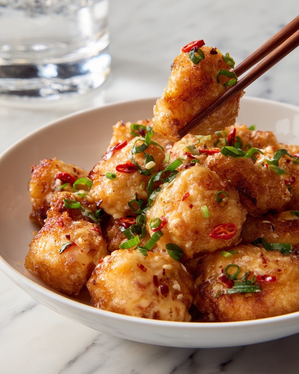 A close-up of many small, golden-brown fried chicken pieces piled together in a white bowl, each piece topped with a creamy, light orange sauce that has small bits of red chili and chopped green onions scattered on top. A pair of wooden chopsticks hold one chicken piece above the bowl, showing its crispy texture and sauce dripping slightly, with some green onion bits on it. The scene is set on a white marbled surface with a clear glass of water blurred in the back. photo taken with an iphone --ar 4:5 --v 7