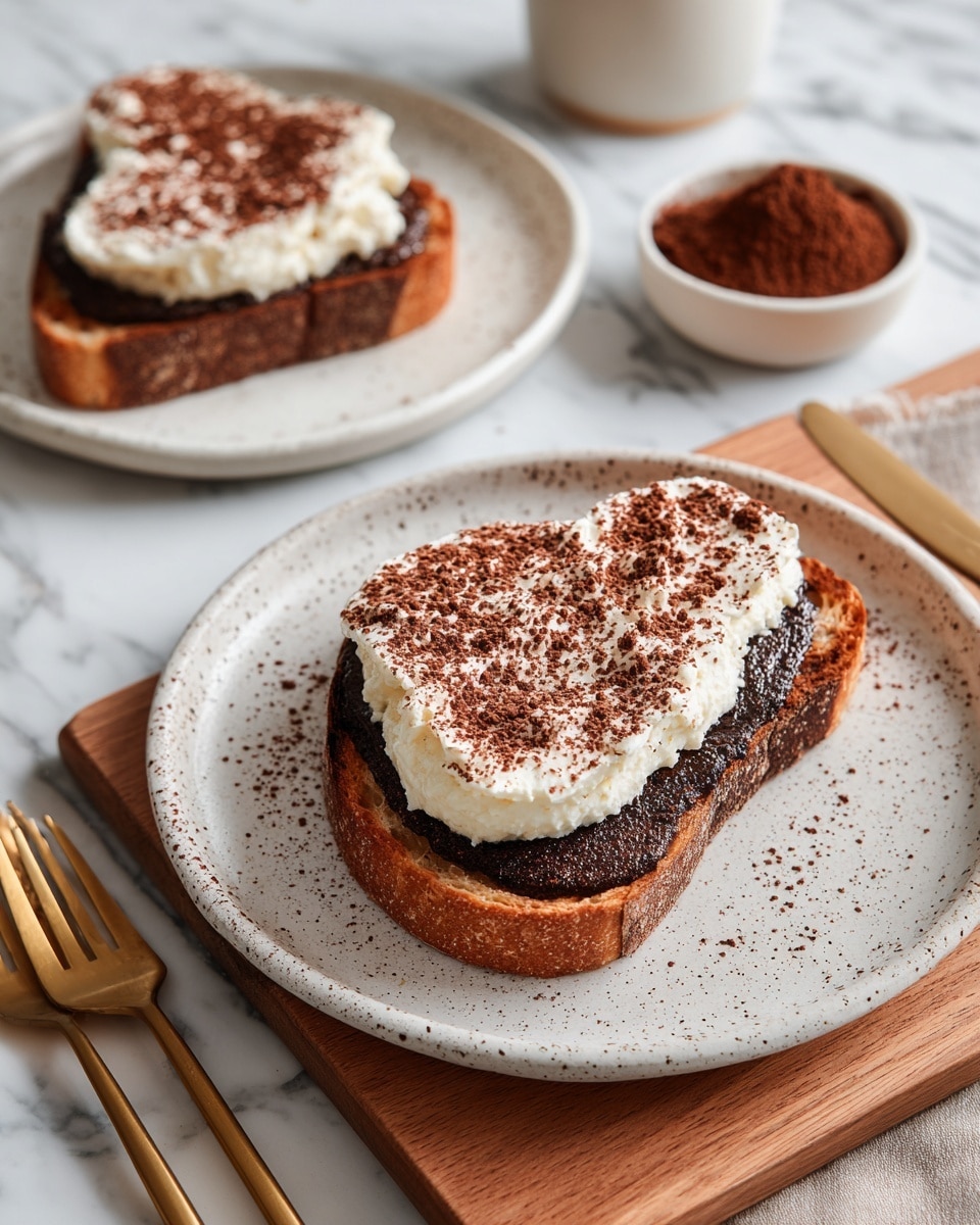 A white speckled plate holds two thick slices of toasted bread soaked in a dark coffee sauce that pools around them. On top, a creamy white layer of mascarpone cheese is evenly spread and covered with a dusting of fine brown cocoa powder. The toast is shaped with soft, rounded edges and the cocoa powder is sprinkled in a pattern. In the background, another white speckled plate with a similar toast slice topped with mascarpone and cocoa powder sits next to a small white bowl filled with loose cocoa powder. The scene is set on a wooden cutting board resting on a white marbled surface, with a gold fork and knife placed neatly to the right of the front plate. photo taken with an iphone --ar 4:5 --v 7