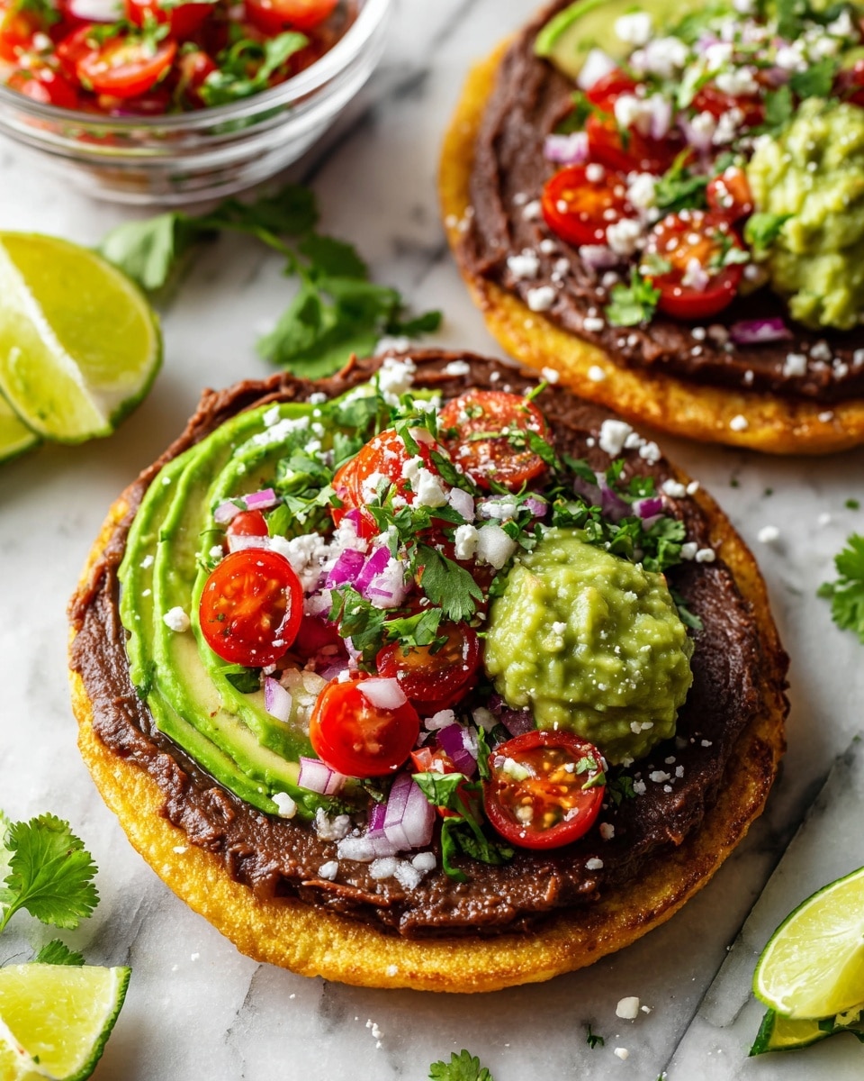 The image shows a close-up view of two tostadas on a white marbled surface. Each tostada starts with a crispy golden tortilla as the base layer. On top, there is a smooth, dark brown spread of refried beans covering the tortilla nearly all over. Thin slices of green avocado lay on one side of each tostada. A scoop of light green guacamole sits near the avocado. Bright red cherry tomato halves mixed with small bits of purple onion and fresh green cilantro leaves form the top layer, giving a fresh look. Small white crumbles of cheese are sprinkled across the tostadas. In the background, there are lime wedges and a glass bowl with more salsa ingredients. Photo taken with an iphone --ar 4:5 --v 7