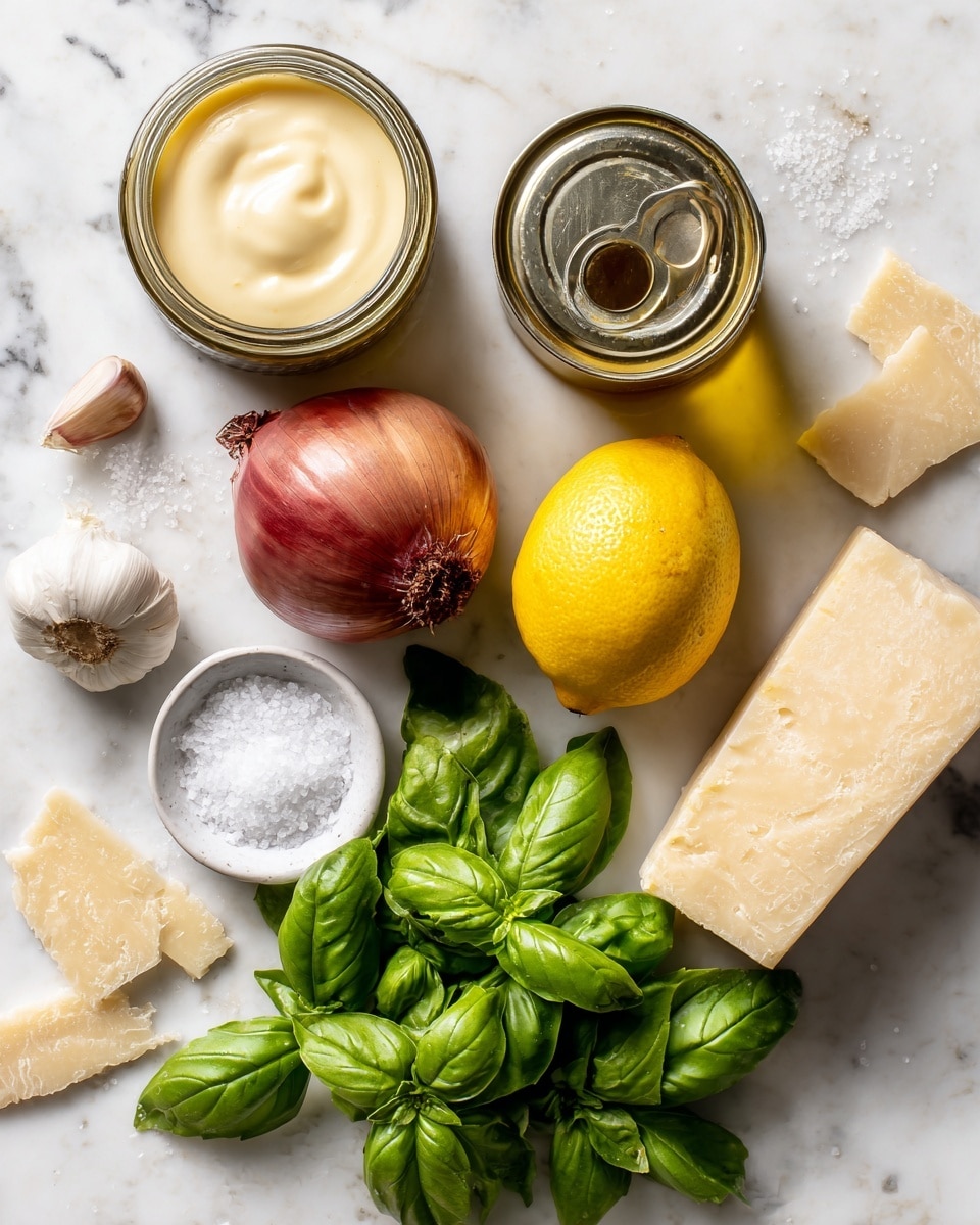 The image shows various fresh ingredients spread out on a white marbled surface. There is a jar of light-colored mayonnaise at the top left and a can of olive oil with a metallic lid to the right. A whole yellow lemon is placed below the mayonnaise, with a reddish-brown shallot underneath it. To the right of the lemon and shallot, a bunch of bright green basil leaves rests, looking fresh and vibrant. Near the basil, a small garlic clove with pale skin lies next to a small white bowl filled with coarse salt. At the bottom left, a piece of light yellow parmesan cheese wrapped partially in paper is placed. All ingredients are spaced out evenly and clearly visible. photo taken with an iphone --ar 4:5 --v 7