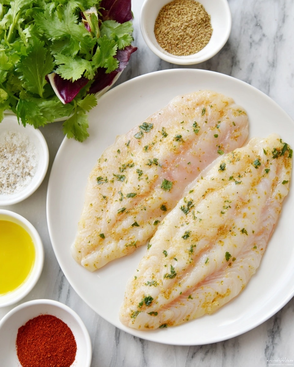 A white plate holds two large pieces of tilapia fish fillets, pale pink with a smooth texture. Around the plate, arranged on a white marbled surface, are small white bowls and piles holding various spices and ingredients: bright green cilantro leaves, deep red paprika powder, rusty red cayenne powder, fine brown cumin powder, light beige garlic powder, fine white salt, coarse black pepper, and golden olive oil nestled in a small white bowl. The colors contrast clearly against the white plate and marbled background, creating a fresh and clean look. Photo taken with an iphone --ar 4:5 --v 7