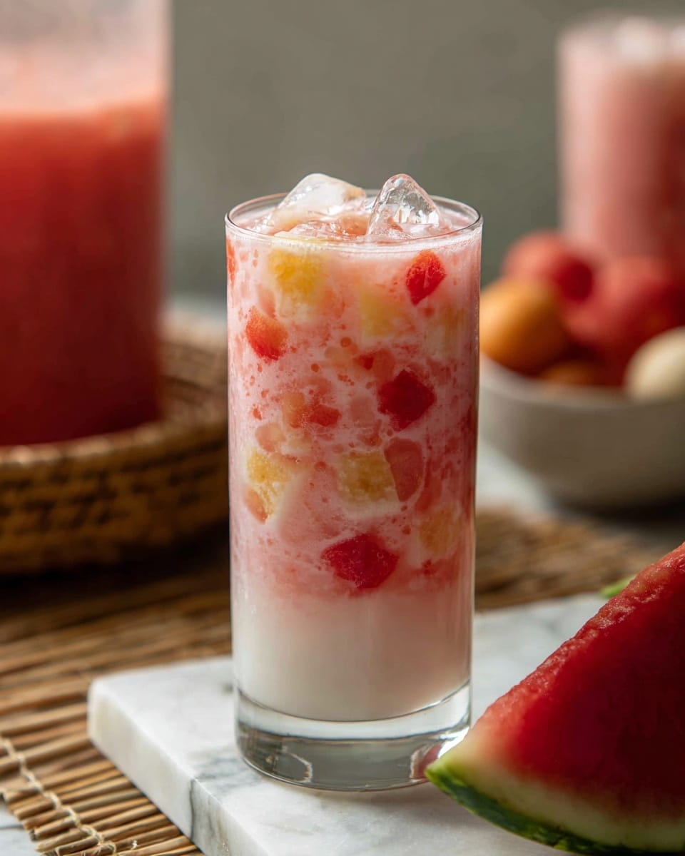 A tall clear glass is filled with a creamy pink and white mixed drink that has chunks of red and light yellow fruit visible inside. The drink has a frothy texture on top with ice cubes, creating a refreshing look. The glass stands on a white marbled surface next to a slice of red watermelon with a green rind. In the blurred background, there are two more glasses with the same drink and a large container holding more of the pink mixture, all placed on a woven mat. The overall scene looks bright and fresh. photo taken with an iphone --ar 4:5 --v 7