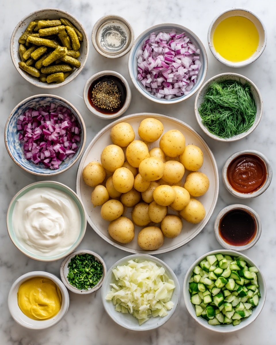 The image shows many small white bowls and a white plate arranged neatly on a white marbled surface, all filled with different ingredients. In the center, there is a white plate full of small round yellow potatoes. Surrounding it are bowls holding chopped green pickles, olive oil, diced red onions, black pepper, minced garlic, honey, salt, a reddish-brown sauce, thick white sour cream, creamy mayonnaise, chopped cucumbers, fresh dill, chopped green chives, and a small bowl of yellow mustard. Each bowl has a smooth texture and the ingredients show a variety of colors and textures, neatly organized in a bright, clear light. Photo taken with an iphone --ar 4:5 --v 7