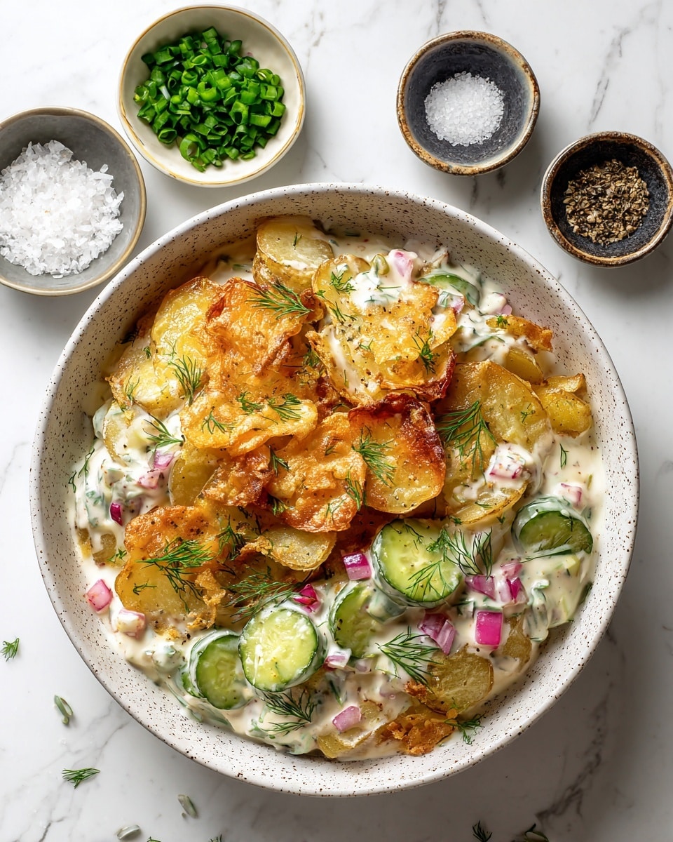 A white speckled bowl holds a layered dish with crispy golden-brown fried potato slices on top, mixed with a creamy white sauce dotted with finely chopped green chives and bits of red onion. Inside the sauce, there are fresh green cucumber chunks and small pieces of pickles, with sprigs of fresh dill adding green accents. Around the bowl, there are three small bowls: one with chopped chives, one with coarse salt, and one with ground black pepper, all set on a white marbled surface. photo taken with an iphone --ar 4:5 --v 7