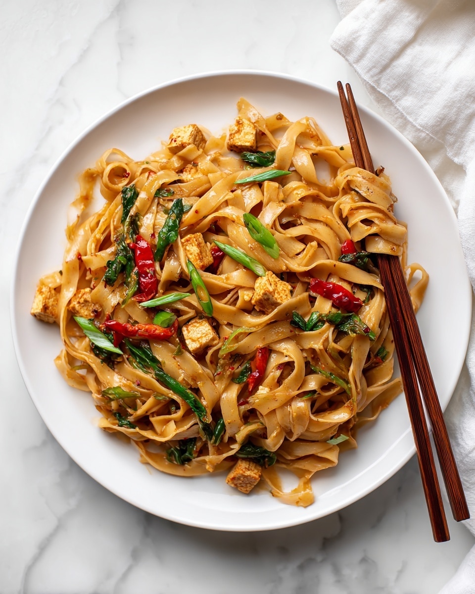 A white plate is filled with wide, flat noodles that are glossy and coated in a light brown sauce. The noodles are mixed with bright green vegetable pieces, small red chili peppers, and some green scallions, all scattered evenly. There are small cubes of tofu mixed in, slightly golden in color. A pair of wooden chopsticks rest on the plate, angled to the right side, gently holding a cluster of noodles and some vegetables. The plate is on a white marbled surface with a white cloth partially visible in the background. photo taken with an iphone --ar 4:5 --v 7