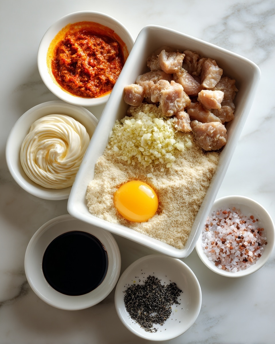 A white rectangular dish holds several layers of ingredients: at the bottom are chunks of light brown meat, topped with a light beige powder, a small pile of finely minced light yellow garlic in the center, and a single bright yellow raw egg yolk on one side. Around the dish, three small white bowls are placed on a white marbled surface: one bowl contains a swirl of white mayo mixed with a red-orange sauce, the second bowl holds a thick black liquid, and the third bowl has a mix of pink and black coarse salt. Photo taken with an iphone --ar 4:5 --v 7