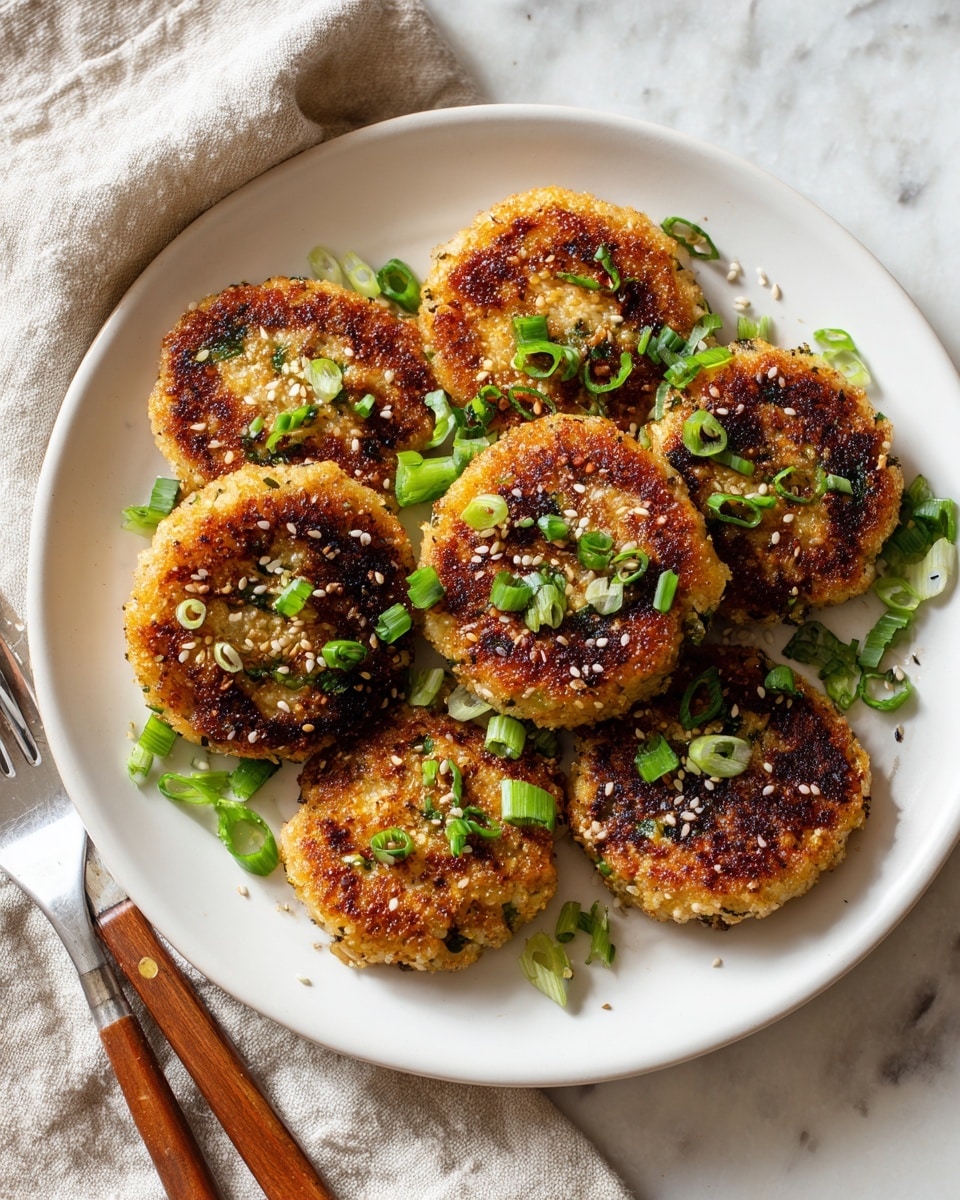 A white plate holds six round, golden-brown patties arranged in a loose circle, each with a crispy, slightly rough texture on top and a warm, even browning. Bright green sliced scallions are scattered over the patties, adding fresh color, along with a sprinkling of small white sesame seeds. The background is a white marbled texture with a beige cloth visible near the top left corner. Beside the plate, there is a fork and knife with wooden handles resting on the surface. The photo taken with an iphone --ar 4:5 --v 7