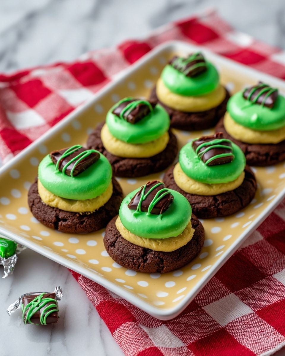The image shows a white polka-dotted yellow rectangular plate holding seven dark brown cookies as the base layer. Each cookie has a thick, smooth, bright green frosting circle on top. On the green layer, there is a smaller round layer of shiny dark chocolate. Each cookie is topped with small broken pieces of chocolate with light green stripes. The plate sits on a red and white checkered cloth and there are small green candy wrappers around the plate. The surface underneath is a white marbled texture. photo taken with an iphone --ar 4:5 --v 7
