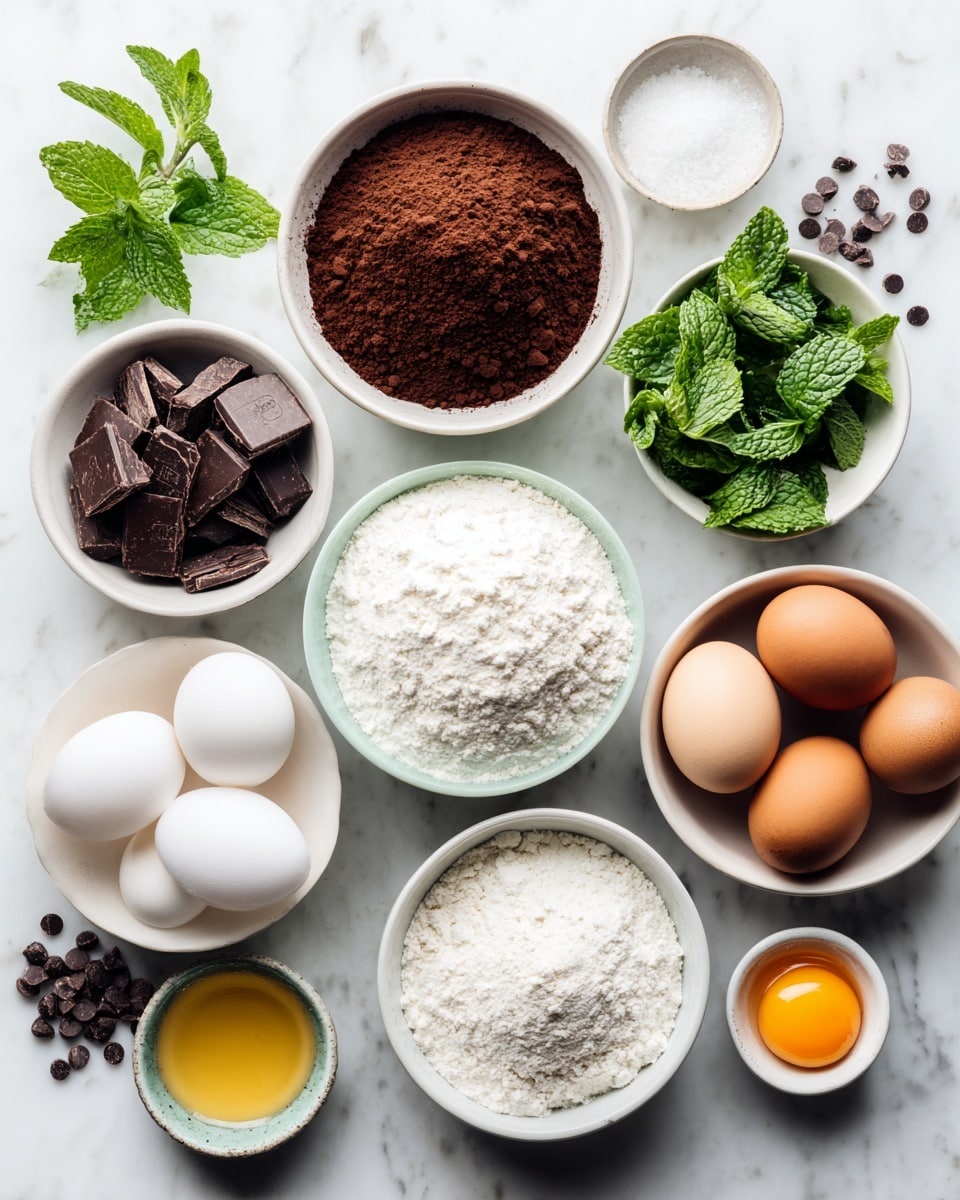 A top view of eleven white bowls with different baking ingredients arranged on a white marbled texture. Starting from the top center, a bowl filled with dark brown cocoa powder, to the right a small bowl with white salt, further right a bowl with green fresh mint leaves, below that a bowl with 3 brown eggs, left of it a bowl with 2 white eggs and 1 brown egg, below it a small bowl with white powder, left side in the center a large bowl filled with white flour, above that a white bowl with dark chocolate chunks, top left a bowl with fresh mint leaves, below left a bowl with small chocolate chips, bottom left a bowl with one separated egg yolk in liquid, and next to it to the right a small bowl with flour. photo taken with an iphone --ar 4:5 --v 7