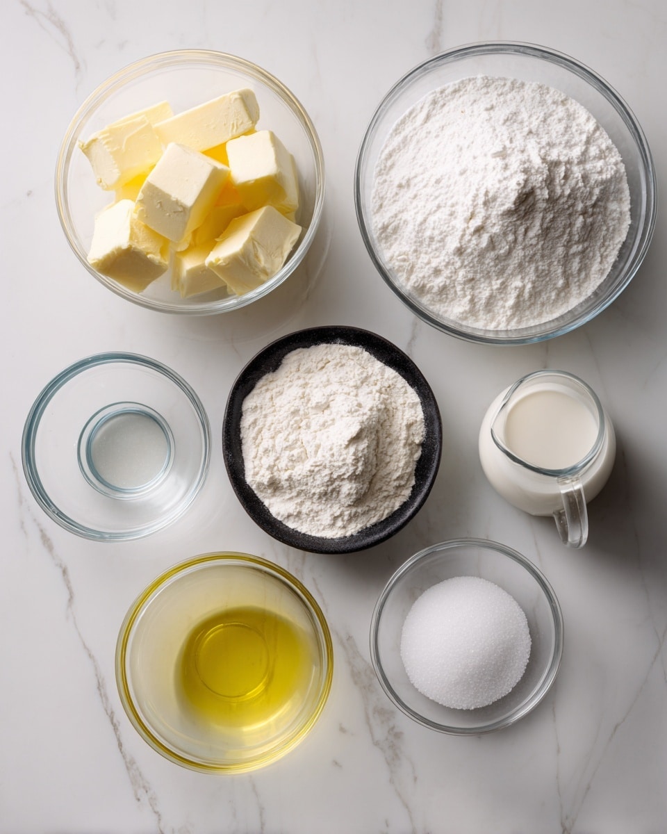 The image shows a top view of several clear glass bowls arranged on a white marbled surface. In the largest bowl at the bottom center, there is a layer of white flour with three small bowls placed on top: the left bowl holding a transparent liquid, the right bowl with a white powder, and the black bowl on top containing a smaller amount of white powder. To the top left, a medium bowl holds yellow butter chunks, and below it, a bowl with a clear yellow liquid, likely oil. At the top right, a large bowl contains white granulated sugar, and beside it, a small measuring jug with white liquid, possibly milk. The overall setup looks clean and ready for baking preparation photo taken with an iphone --ar 4:5 --v 7