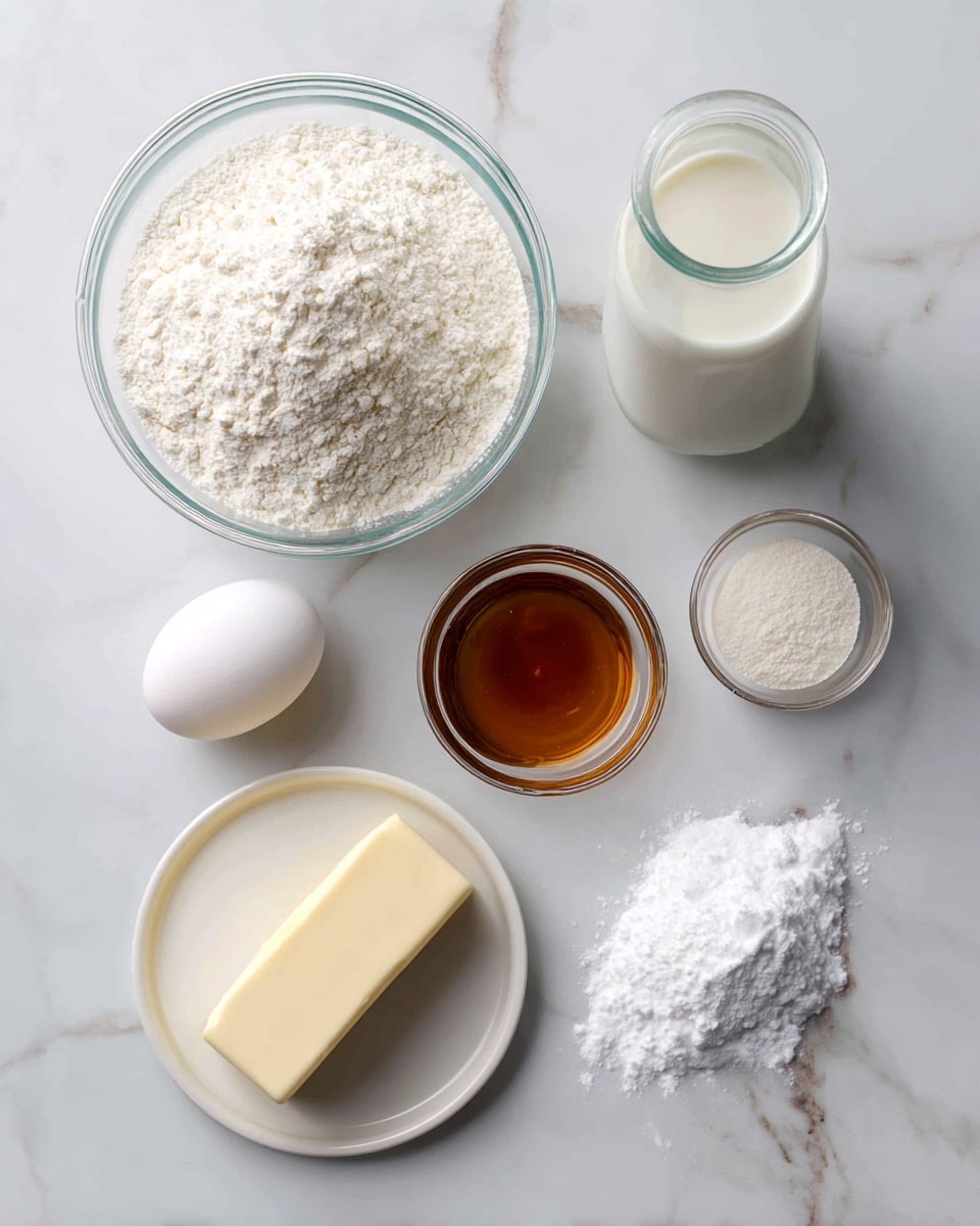A top-down view shows a white marbled surface with neatly arranged baking ingredients. From left to right, there is a large clear glass bowl filled with white flour, next to a small white round container holding brown honey. Above these ingredients is a tall clear glass with white buttermilk. To the right of the flour is a small glass bowl with white baking powder, and beside it on a white plate is a stick of pale off-white margarine. Positioned slightly above and to the right is a white egg next to a small pile of white salt and a small heap of white baking soda. The items are spread out with clear space between them, all on the white marbled background. Photo taken with an iphone --ar 4:5 --v 7