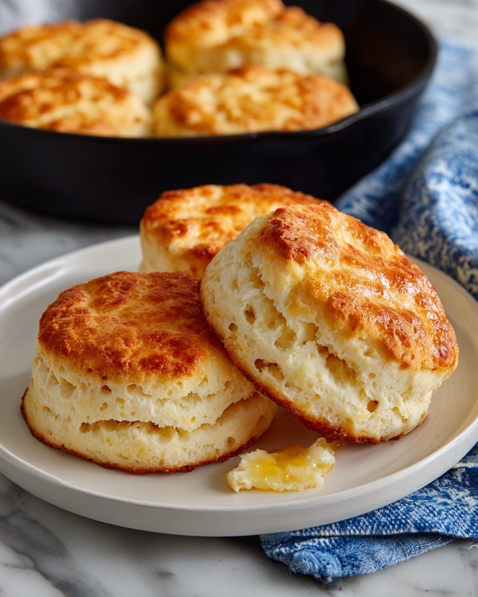 The image shows a white plate with three thick biscuits, each having around three soft, flaky layers with a light golden-brown top and slightly uneven textured sides. One biscuit is standing on its side showing its layers, another biscuit is whole, and the third biscuit is broken open to show its fluffy, pale yellow inside. In front of the plate, there is a biscuit face down with a soft spongy texture visible. Behind the plate, there is a black cast iron skillet with more similar biscuits inside. The surface is a white marbled texture with a white and blue cloth napkin nearby. Photo taken with an iphone --ar 4:5 --v 7