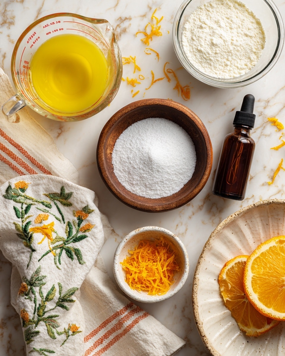 This image shows a close-up of cooking ingredients arranged on a white marbled surface. There is a glass measuring cup on the left filled with a yellow liquid, next to a small white bowl containing bright orange zest. Near the center, a round wooden bowl holds a pile of white granulated sugar, with a dark brown bottle with a dropper below it. Toward the top right, a transparent measuring cup contains a thick light cream or batter. Part of a large white plate with a hollowed-out orange peel is seen at the bottom right. An off-white cloth with orange stripes and green leaf embroidery is folded and placed near the top left. Photo taken with an iphone --ar 4:5 --v 7