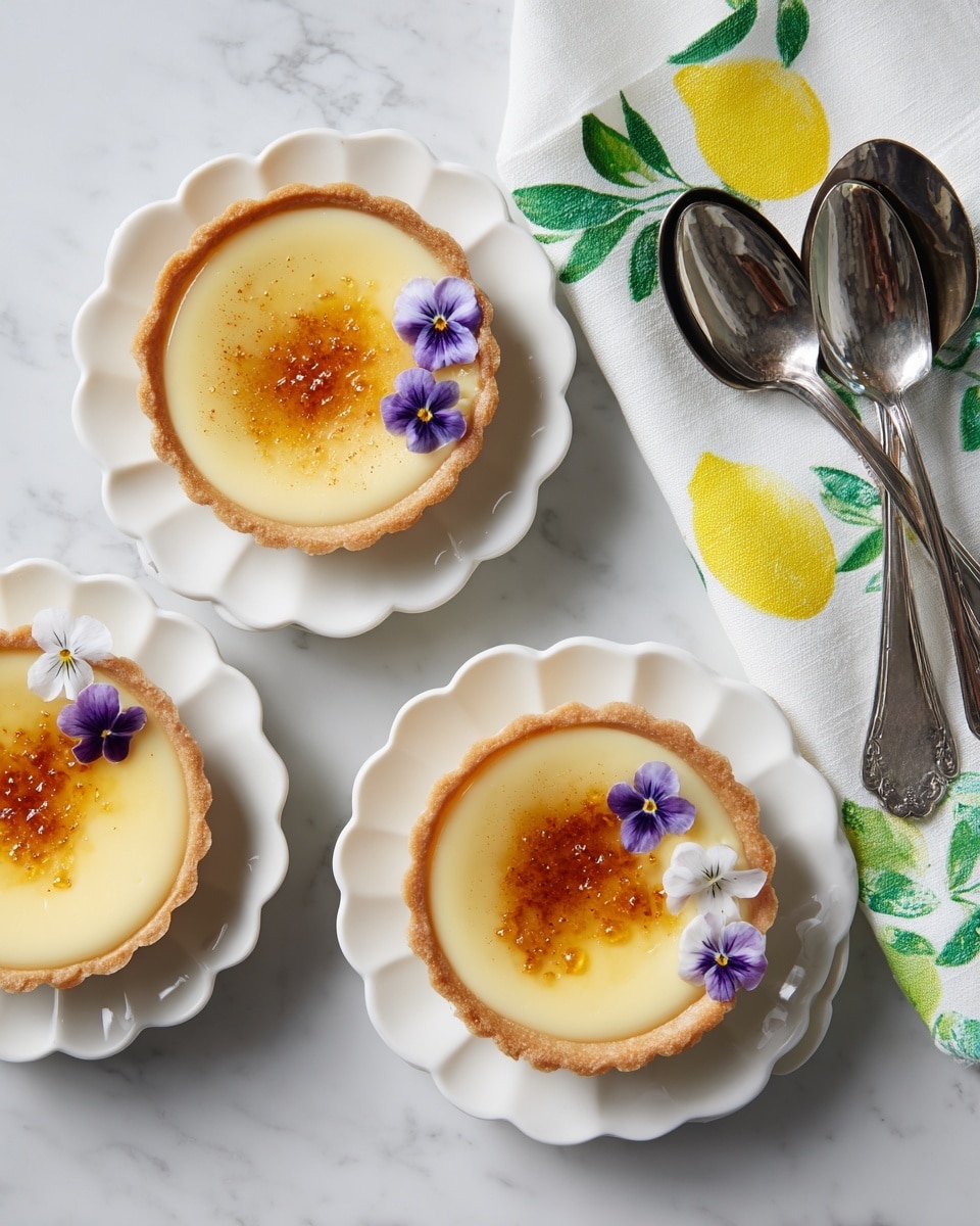 The image shows three small tarts placed on white scalloped plates, arranged on a white marbled surface. Each tart has a golden-brown crust forming a smooth round edge, filled with a creamy, pale yellow custard topped with a light caramelized golden-brown patch in the center. Two of the tarts are decorated with small purple and white edible flowers on the edge. To the right side, there is a white cloth with green leaves and yellow lemon prints, on top of which are stacked three shiny silver spoons. The photo is taken with an iphone --ar 4:5 --v 7