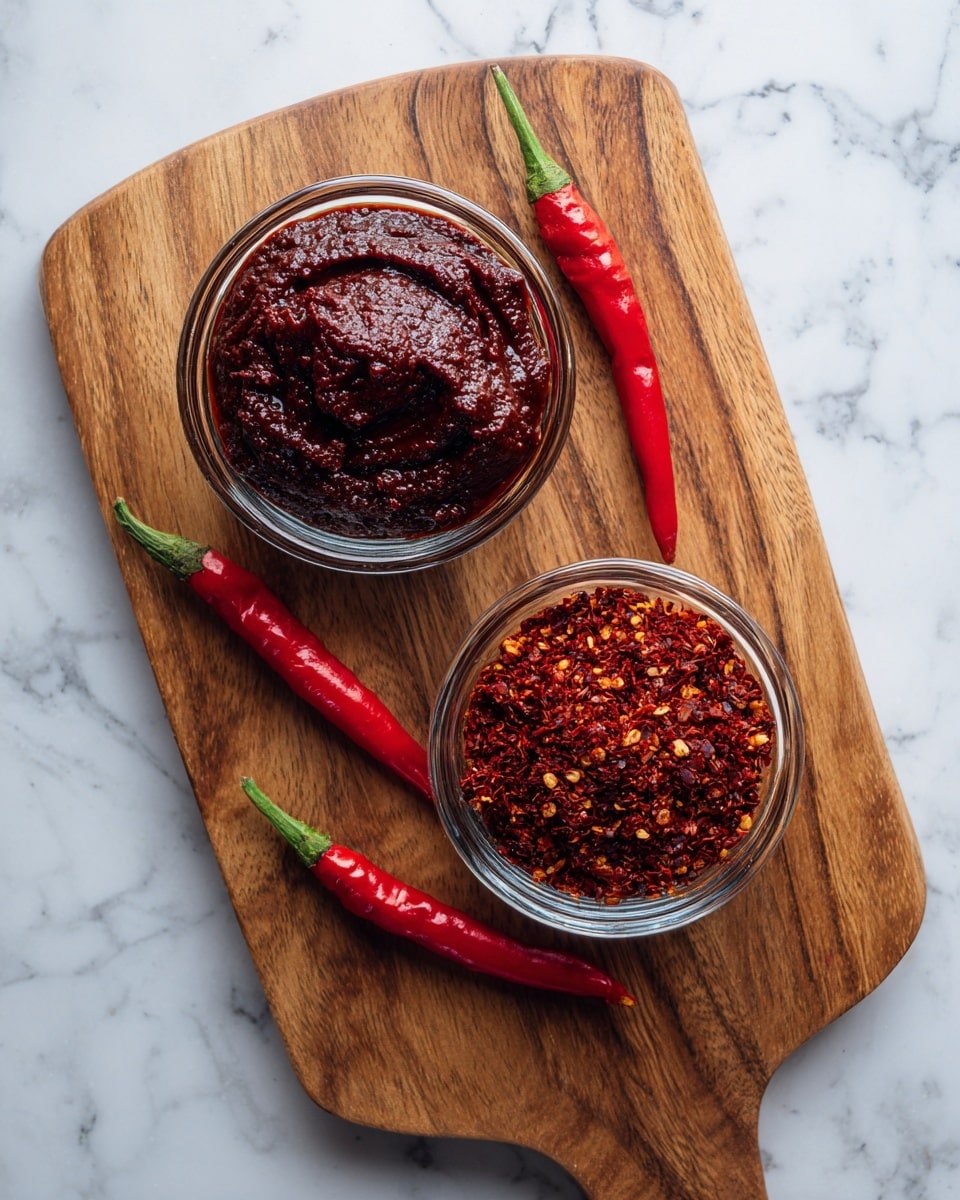 Two clear glass bowls are placed on a wooden board with natural brown wood grain. The bowl on the top left holds thick dark red paste with a smooth, slightly shiny texture. The bowl on the bottom right contains coarse red chili flakes with a rough texture. Six small bright red chili peppers with green stems lie scattered between and around the bowls on the wooden board. The board is set on a white marbled surface. photo taken with an iphone --ar 4:5 --v 7