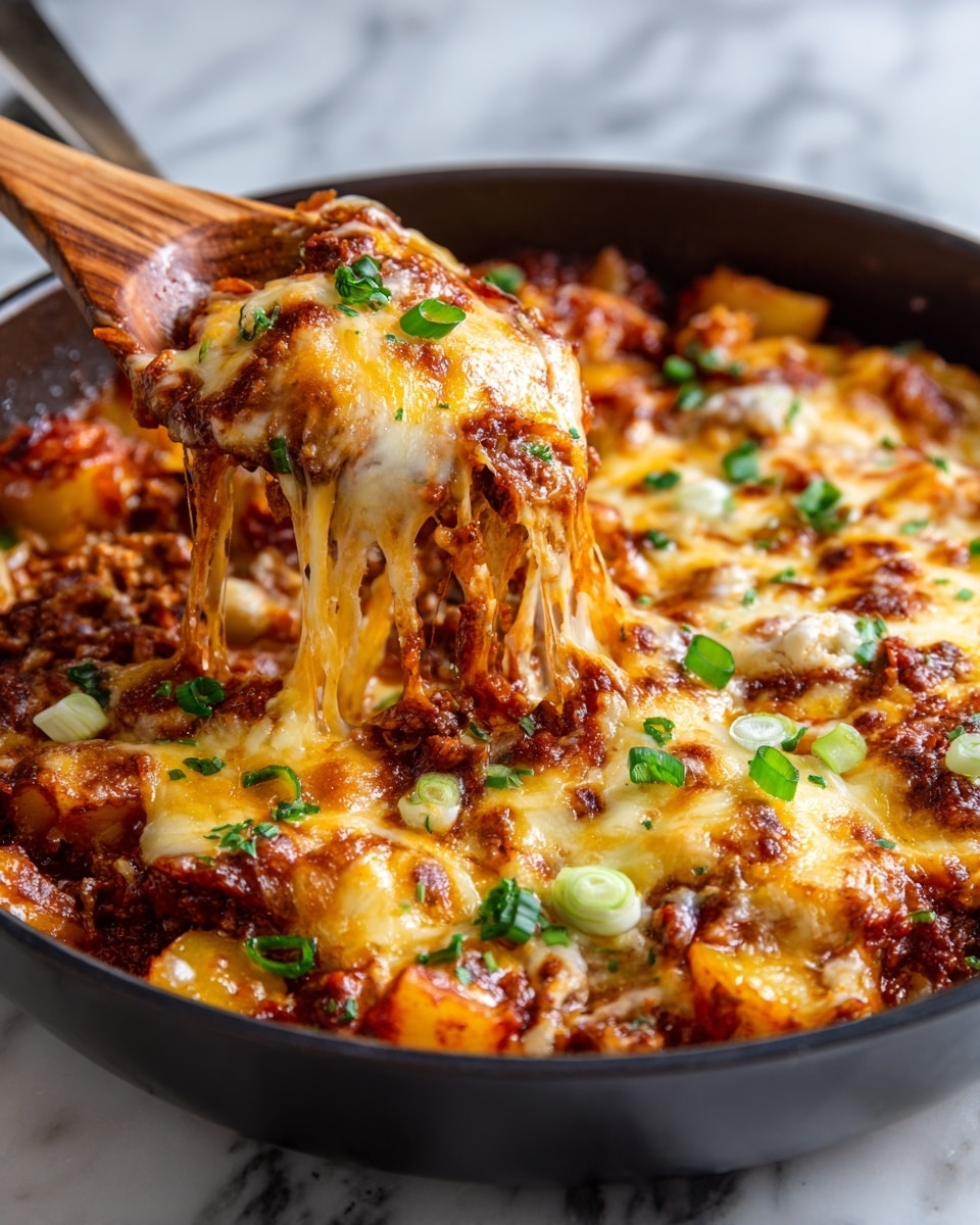 A close-up view of a deep black pan filled with a rich red tomato sauce mixed with chunks of golden-brown potatoes and shredded light brown meat, all covered in melted yellow-orange cheese with browned spots. The cheese stretches as a wooden spoon lifts a portion from the pan. Small green herbs and sliced green onions are scattered on top, adding contrast. The dish is placed on a white marbled surface. photo taken with an iphone --ar 4:5 --v 7