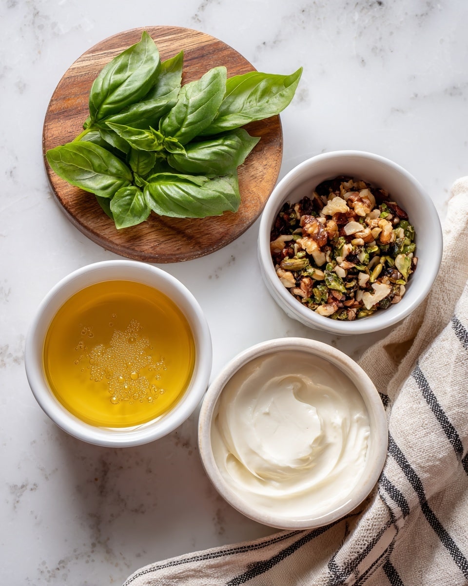 The image shows three small white bowls with different contents placed on a white marbled surface. The first bowl on the left contains fresh green basil leaves with a smooth, leafy texture, sitting on a wooden coaster. The middle bowl holds a golden-yellow liquid with small bubbles on top, likely honey or oil, clear and shiny. The third bowl, positioned at the top right, is filled with a mixture of chopped nuts and seeds in various shades of brown and green, showing a rough and crunchy texture. At the bottom right corner, part of a larger white bowl with a creamy white whipped or smooth substance is visible, set on the same white marbled surface. A beige and black striped cloth napkin is partially seen next to the bowls. photo taken with an iphone --ar 4:5 --v 7