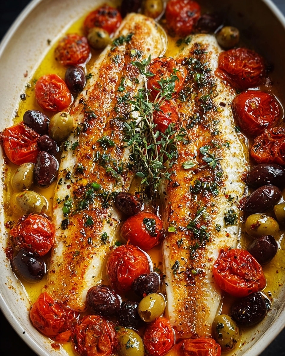A white dish holds two long fillets of cooked fish, golden brown with light crisp edges and topped with small green herb leaves and a sprig of thyme in the center. Around the fish are bright red roasted cherry tomatoes, green and black olives glistening with oil, all sitting in a shallow pool of golden oil and herbs. The textures show juicy, soft tomatoes, slightly wrinkled olives, and the flaky, slightly crispy fish in the middle. The image has a warm, rich color palette and a close-up view showing all details clearly. photo taken with an iphone --ar 4:5 --v 7