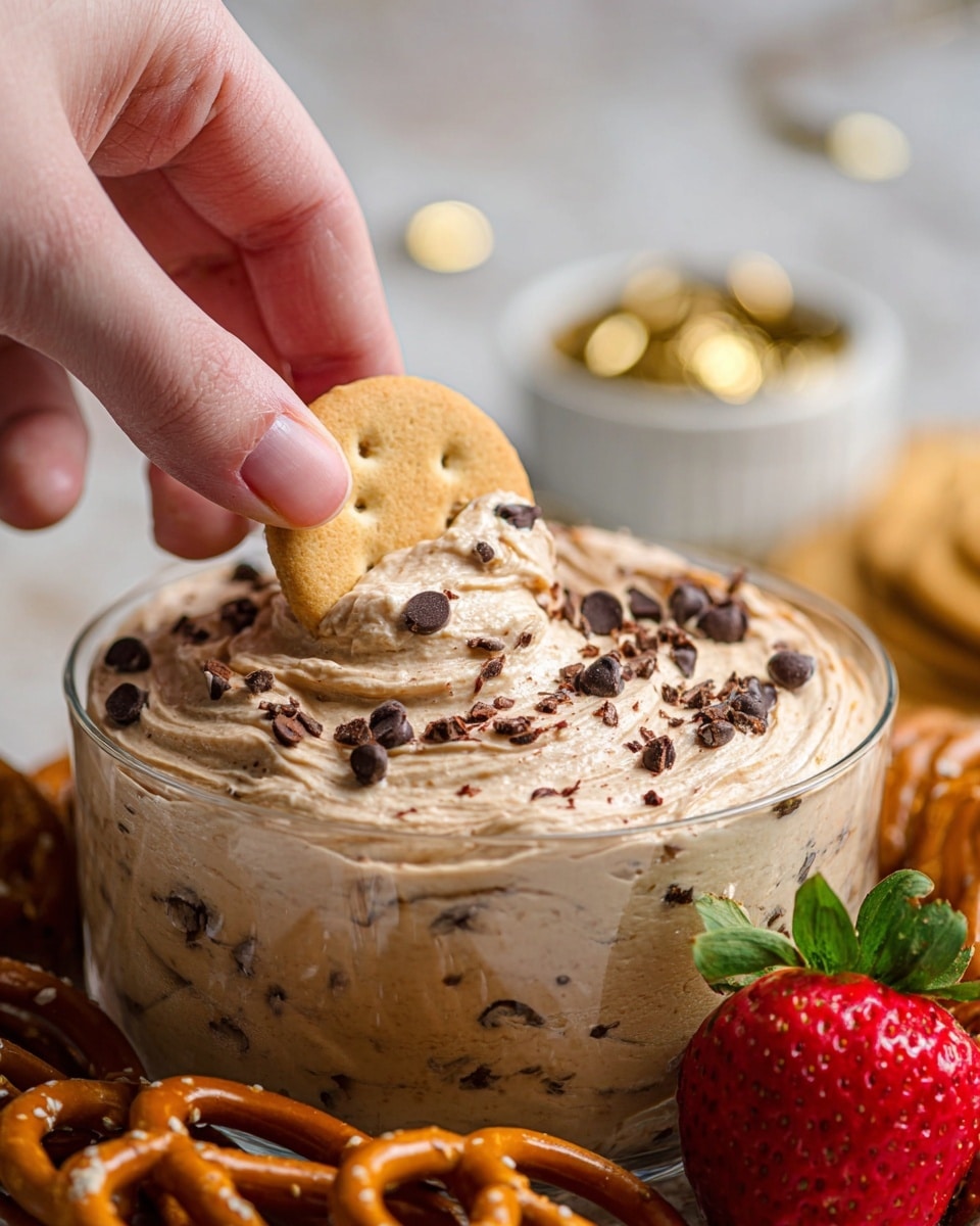 A close-up image shows a transparent glass bowl full of light brown creamy dip, mixed with small dark chocolate chips inside and on top. A woman's hand is dipping a round golden biscuit partially into the thick creamy mixture, creating soft swirls on the surface. In the foreground, there are shiny pretzels with a light brown color and a fresh red strawberry with green leaves. The background has a soft-focus look with a white ramekin and a golden object, all placed on a white marbled surface. Photo taken with an iphone --ar 4:5 --v 7