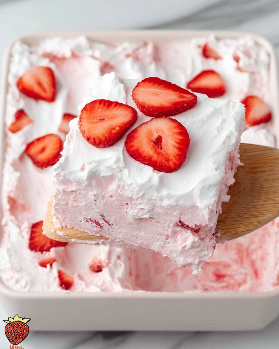 A square piece of pink creamy dessert with a thick white layer of whipped topping sits on a wooden spatula inside a white square baking dish. The dessert has three bright red sliced strawberries arranged on top of the white layer. The inside of the dish is coated with the same pink creamy mixture, showing a light and airy texture with pieces of strawberries mixed in. The top layer of the dessert in the dish is also covered in white whipped topping and scattered sliced strawberries. The background is a white marbled texture with soft, even lighting. Photo taken with an iphone --ar 4:5 --v 7