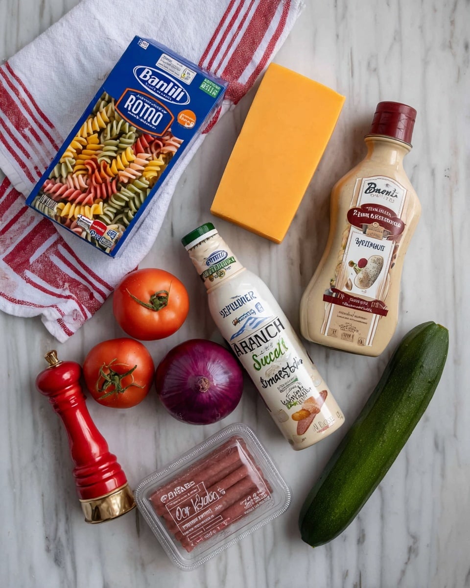 The image shows a collection of cooking ingredients arranged on a white marbled textured surface. There is a box of Barilla tri-color rotini pasta in the top left with a white and red striped cloth underneath. To the right is a block of orange cheese. Below and to the right of the cheese are two bottles of Marzetti salad dressings, one titled