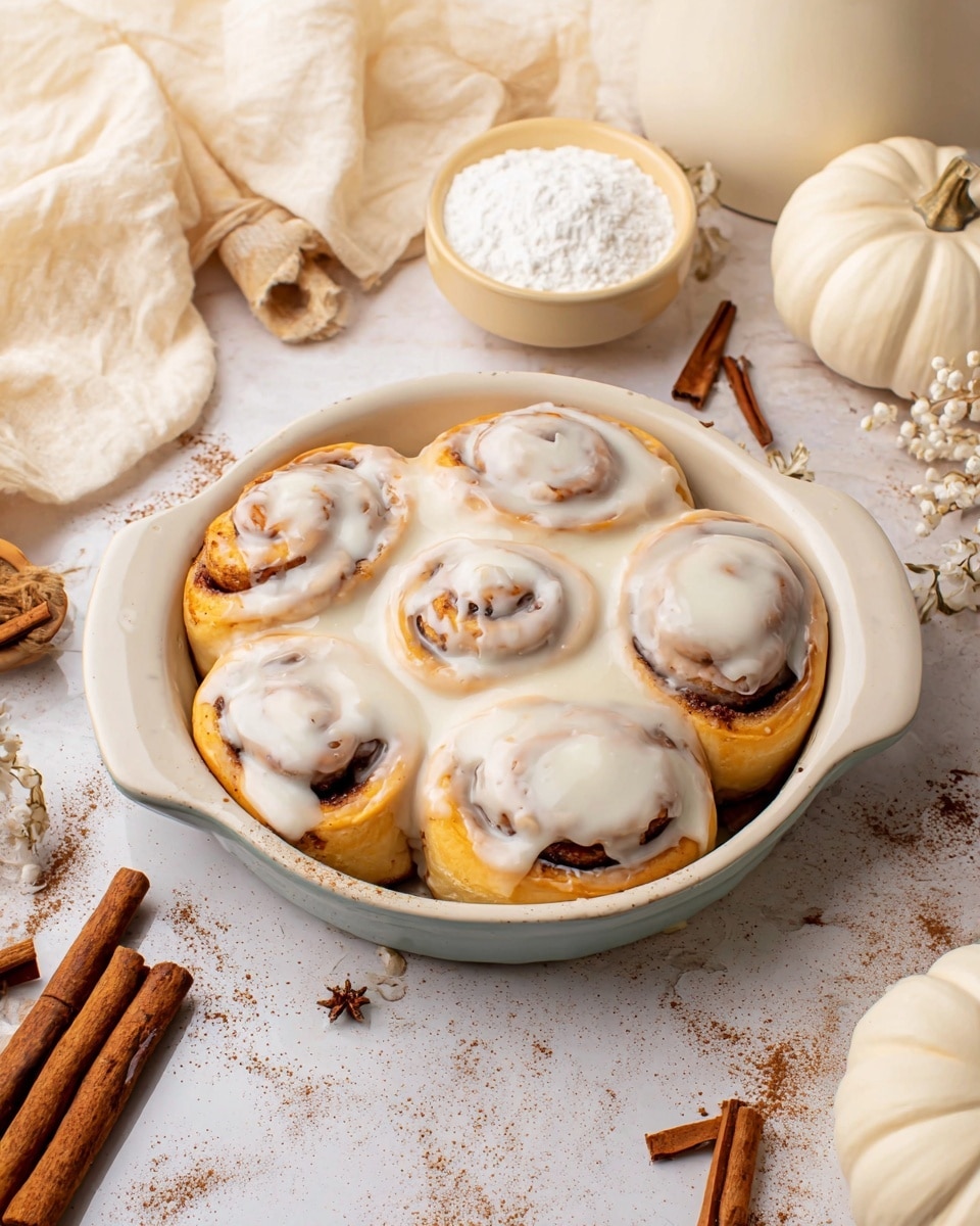 A round white ceramic dish holds seven cinnamon rolls closely placed in a circle with one in the middle, each roll showing a golden-brown spiral partly covered by thick, creamy white icing that drips slightly over the edges. The rolls have visible layers of dough and darker cinnamon swirls in the center, giving a soft texture contrast. The dish is set on a white marbled surface with scattered cinnamon sticks and powder, along with a small white pumpkin and a blue-gray linen cloth adding cozy, warm tones around the scene. photo taken with an iphone --ar 4:5 --v 7