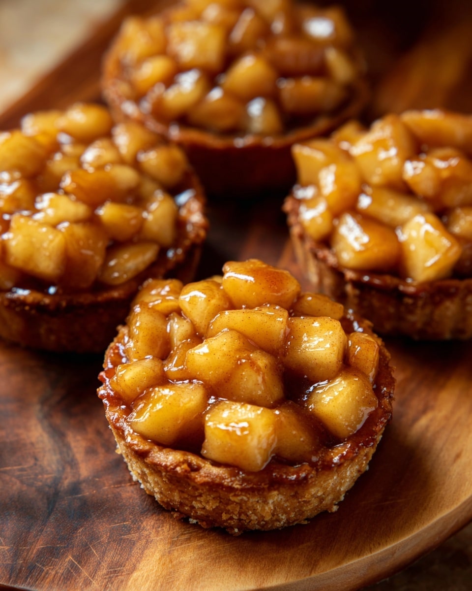 The image shows several small round mini pies with a golden-brown crust. Each mini pie has a thick base and sides with a rough texture. The top layer is filled with soft, caramel-colored apple chunks coated in a shiny, syrupy glaze that looks sticky and smooth. The apple filling is on top of the crust, piled loosely with visible pieces of fruit and a few cinnamon specks. The mini pies are placed closely together on a wooden surface with a warm tone, slightly blurred in the background. photo taken with an iphone --ar 4:5 --v 7