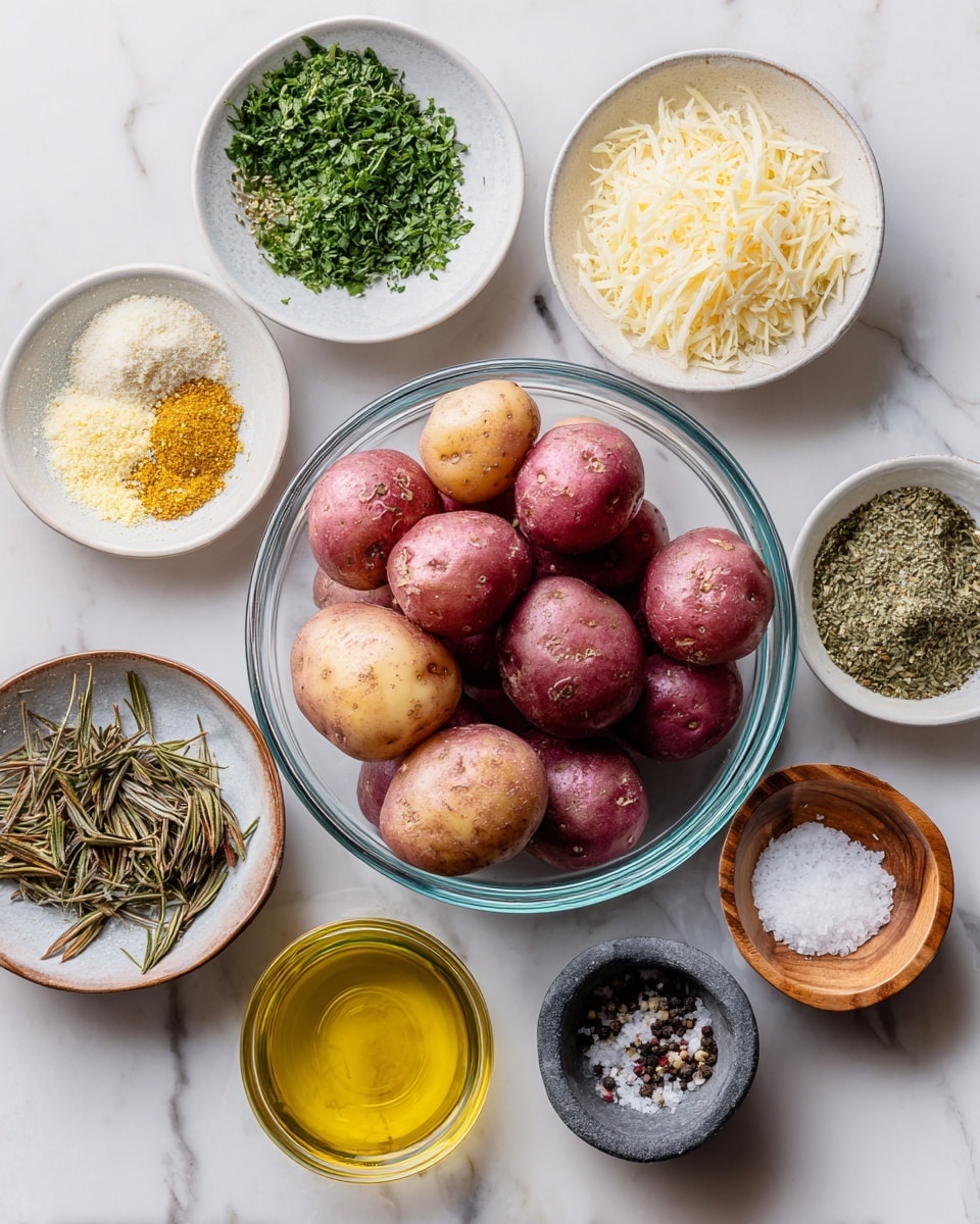 A clear glass bowl in the middle holds a pile of about one and a half pounds of baby red potatoes, smooth with a light red color. Around it, eight small white bowls are placed on a white marbled surface: one bowl has bright green chopped parsley, another has light yellow onion powder, one has dried brown rosemary needles, another holds small dark green dried basil, a small bowl contains golden olive oil, and a wooden bowl holds finely grated pale yellow parmesan cheese. Two small grey stone bowls with wooden scoops hold coarse black pepper and white salt, placed near the bottom right side. Each ingredient is neatly arranged and labeled with black text. Photo taken with an iphone --ar 4:5 --v 7