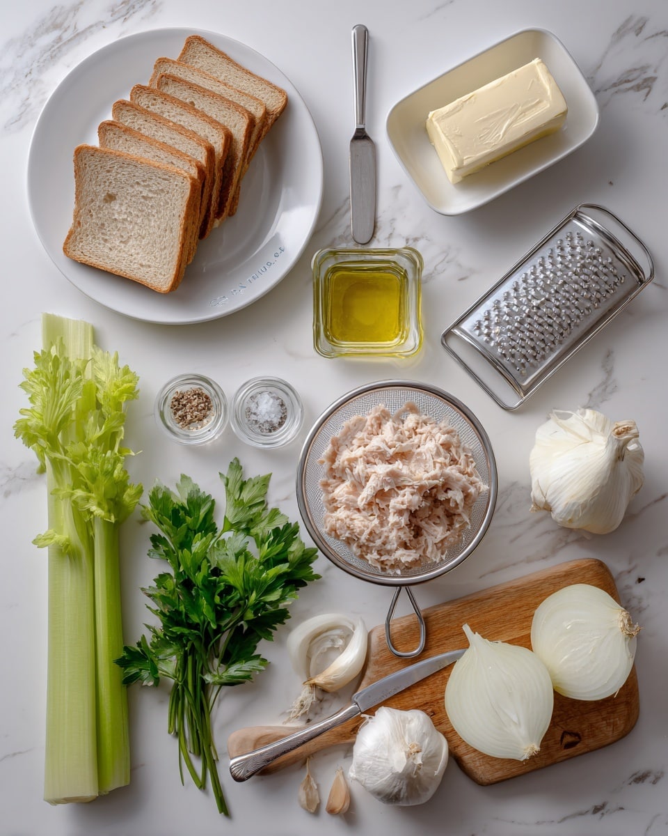 The image shows ingredients for a tuna dish arranged on a white marbled surface. In the top left, there is a white plate with 12 slices of light brown bread stacked. To the top right, there is a white butter dish with a stick of pale yellow butter and a silver knife resting on it. Near the center, a small square transparent bottle contains 3 tablespoons of golden oil. Below it, a fresh green celery stalk with leaves is placed diagonally. To the left of celery, there is a bunch of dark green parsley. In the bottom center, a metal strainer holds 20 ounces of light pink tuna flakes. Above the tuna, a small amount of white mayonnaise is placed on the surface. To the right, a wooden cutting board with a silver grater shows some grated white mozzarella cheese, and a small block of mozzarella is on top. At the bottom right, there is a whole light yellow onion and a bulb of white garlic. Lastly, near the bottom left, two small glass containers contain salt and black pepper. Each element is labeled with bold black text. Photo taken with an iphone --ar 4:5 --v 7