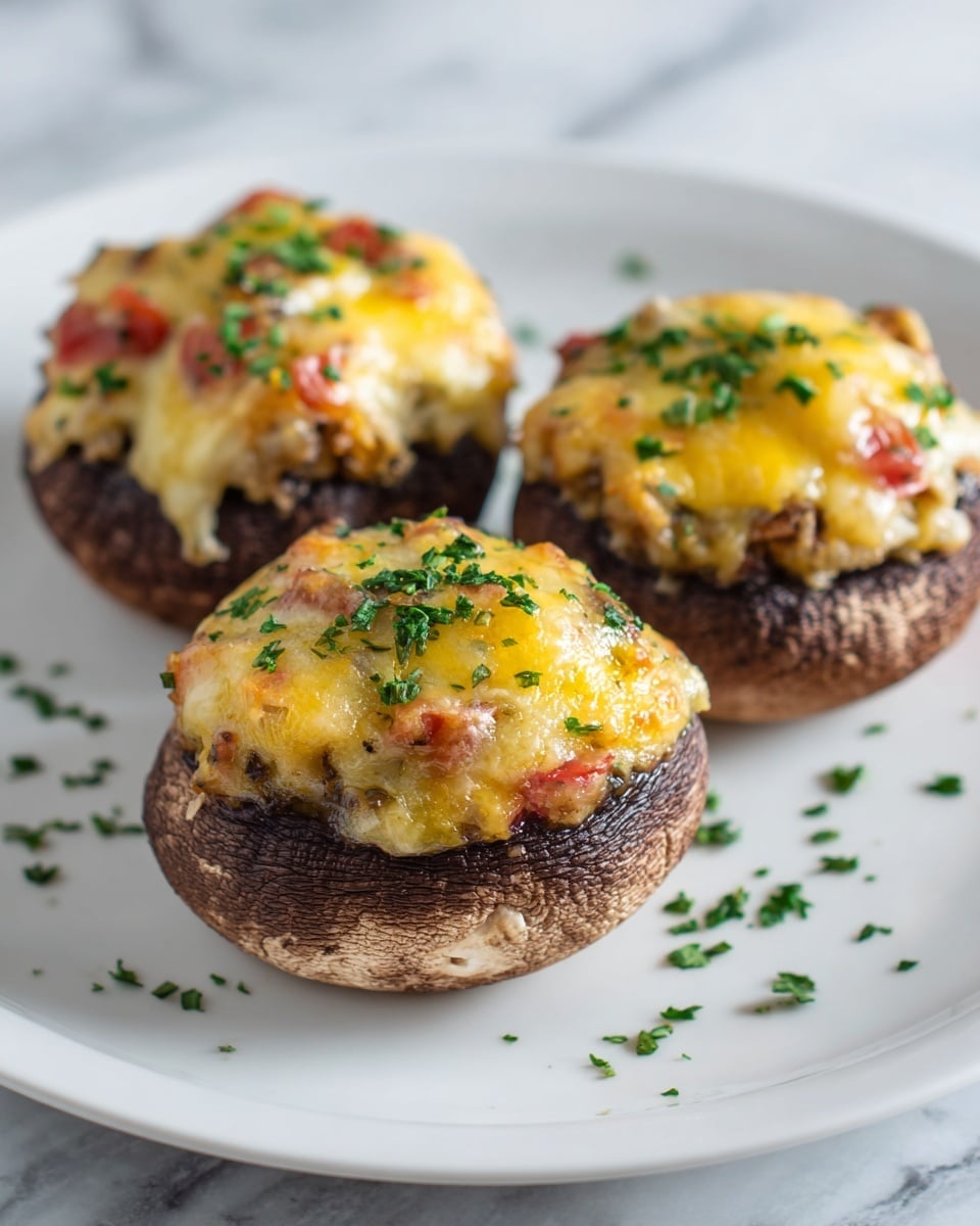 The image shows three stuffed mushrooms arranged on a white plate placed on a white marbled surface. Each mushroom has a dark brown, firm outer cap filled with layers: the base layer is cooked mushroom filling in a brown color, topped with melted golden-yellow cheese mixed with small red tomato pieces, and sprinkled with finely chopped green herbs on top. The cheese is soft and slightly stringy, covering the filling fully, and small bits of herbs are also scattered around the plate for decoration. Photo taken with an iphone --ar 4:5 --v 7