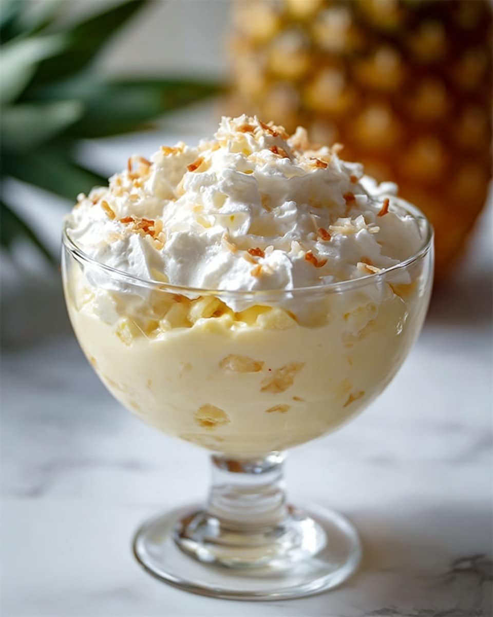 A clear glass bowl holds a dessert with two visible layers; the bottom layer is creamy, light yellow with a smooth texture mixed with small soft pieces, while the top layer is a thick, fluffy white cream sprinkled with light brown toasted bits. The bowl is placed on a white marbled surface with a blurred background showing a pineapple. The dessert looks soft and rich. Photo taken with an iphone --ar 4:5 --v 7