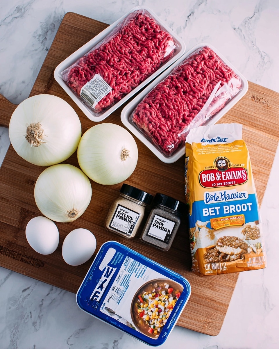 The image shows a collection of ingredients on a white marbled surface with a wooden cutting board beneath. There are two packages of bright red ground beef wrapped in white trays at the top, two whole white onions with smooth skins slightly off-center, and a carton of beef broth with a colorful soup image on the front to the right. In front of these, there is a blue and white container of Bob Evans original mashed potatoes, three white eggs partially visible, and three small glass jars with black lids labeled onion powder, garlic, and seasoned salt. The entire setup is clean and organized, with the colors contrasting well against the white marbled surface. Photo taken with an iphone --ar 4:5 --v 7