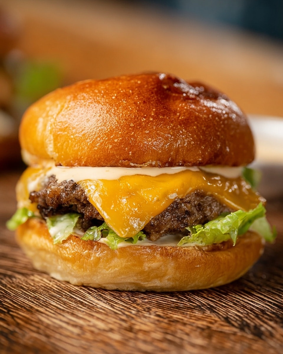 A close-up view of a cheeseburger on a wood textured surface showing three main layers: a shiny golden brown top bun with soft wrinkles, a creamy light beige sauce layer spread underneath it, followed by a thick, juicy brown beef patty, below it a melted bright orange cheddar cheese slice draping over thin green lettuce pieces on a toasted golden brown bottom bun. Photo taken with an iphone --ar 4:5 --v 7