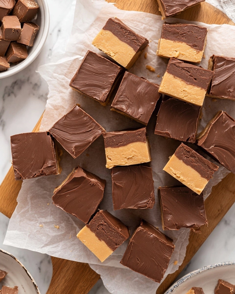 The image shows many square pieces of two-layered fudge scattered on a piece of parchment paper over a wooden board. Each piece has a bottom layer of light brown, creamy, smooth texture and a thicker top layer of darker brown chocolate with a glossy finish. The pieces are neatly cut with some showing slight uneven edges, and a few pieces have visible bite marks revealing the soft, dense inside. In the corners, a white bowl filled with brown candy pieces and part of a white plate are visible against a white marbled surface. Photo taken with an iphone --ar 4:5 --v 7