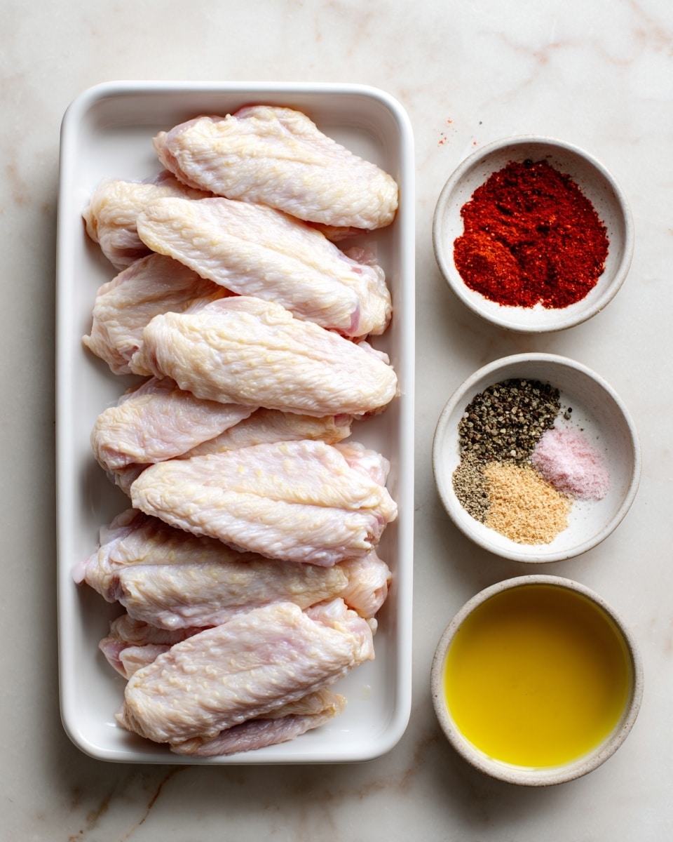 A white tray filled with two layers of raw chicken wings, arranged neatly with the larger pieces on the left side and the smaller wings lined up on the right; below the tray are two small white bowls, one containing red paprika, light brown garlic powder, and black pepper with pink salt arranged in separate piles, and the other filled with golden olive oil; all set on a white marbled textured surface photo taken with an iphone --ar 4:5 --v 7