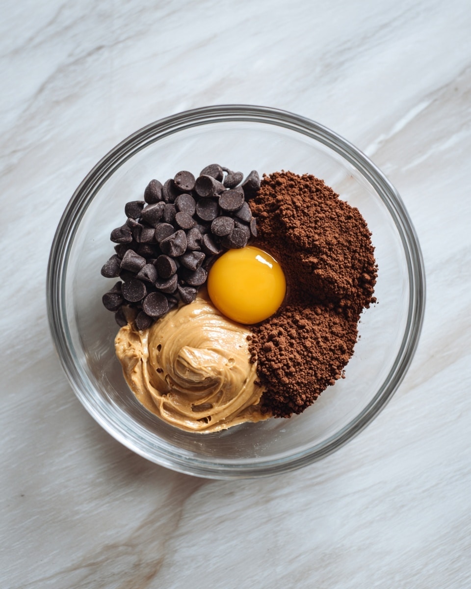 A clear glass bowl sits on a white marbled surface, containing five distinct ingredients arranged separately inside. On the left side, there is a small pile of dark brown chocolate chips, smooth and round. Next to it towards the center is a single raw egg yolk, bright yellow with a shiny texture surrounded by the clear egg white. To the right of the yolk is a light brown dollop of creamy peanut butter with a soft and swirled surface. Below the peanut butter is a heap of dark brown cocoa powder with a dry, fine texture. The bowl is placed on a light wooden textured table with a natural pattern visible through the glass. photo taken with an iphone --ar 4:5 --v 7