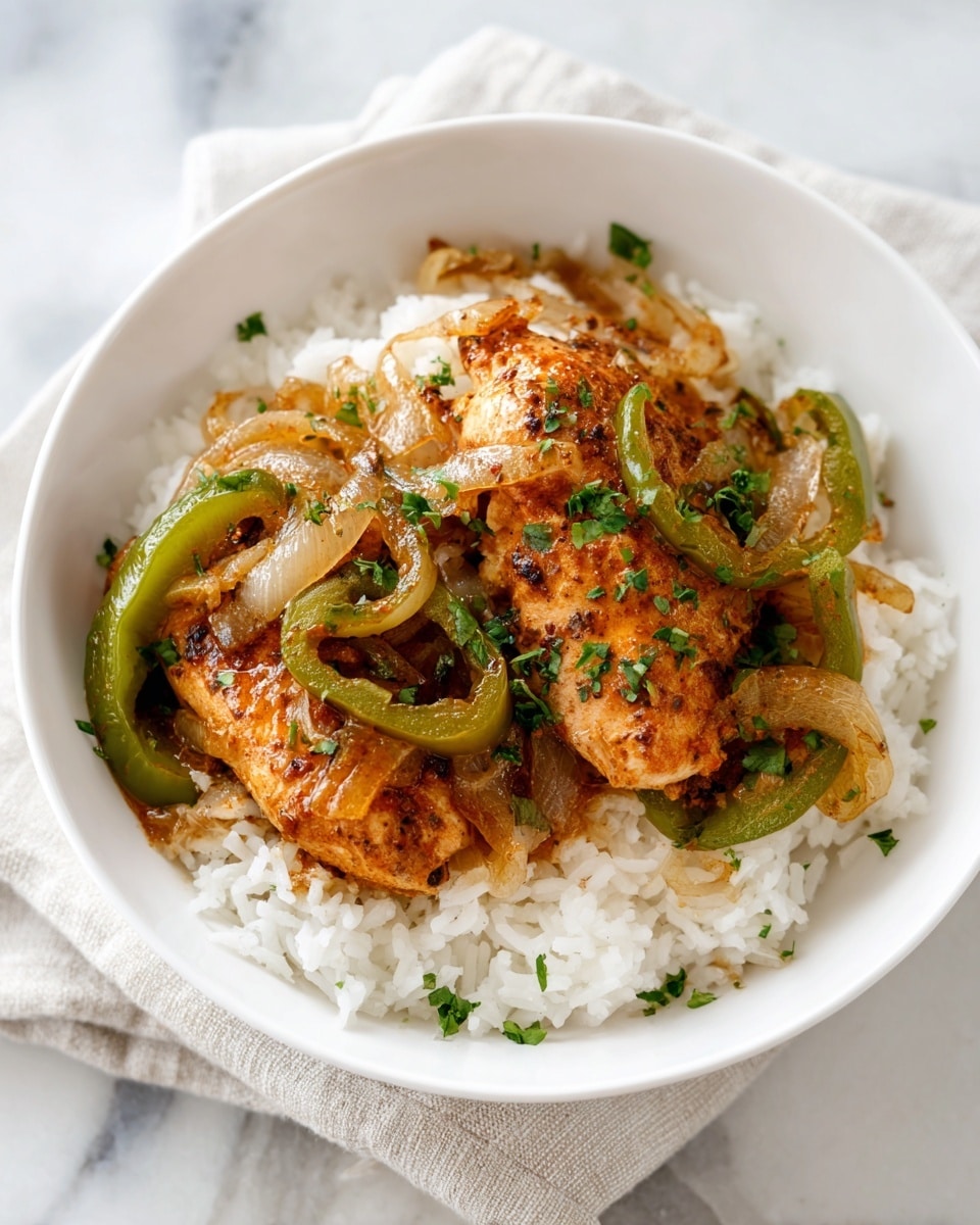 A white bowl filled with a base layer of fluffy white rice, topped with two pieces of brown cooked chicken covered with a sauce that has a mix of green pepper strips and translucent cooked onion slices. Small bits of green herbs are sprinkled over the chicken and rice, adding color and freshness. The bowl is placed on a light-colored cloth with a white marbled surface underneath. photo taken with an iphone --ar 4:5 --v 7
