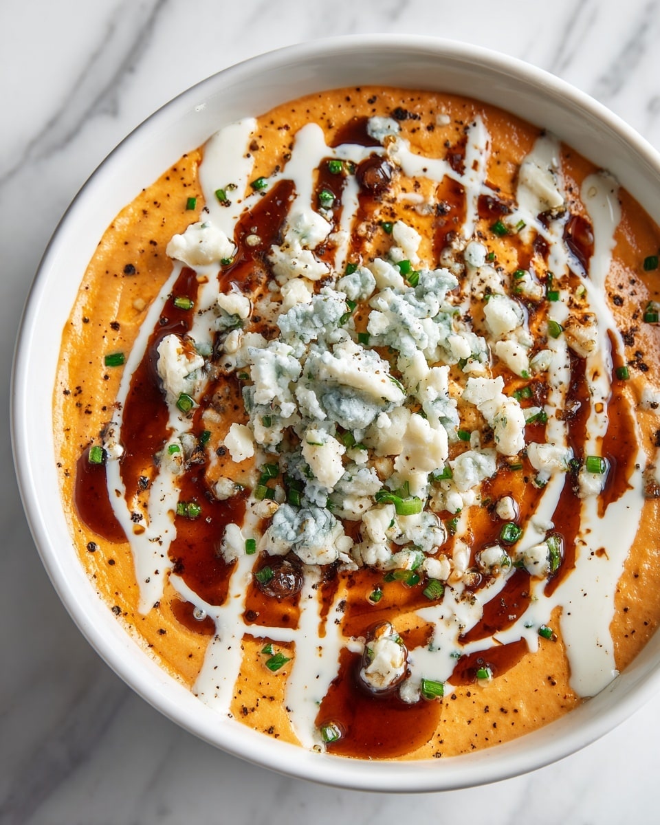 A white bowl filled with a creamy orange dip with a smooth texture, topped with a crumbled layer of light blue cheese in the center. Over the dip, there are two layers of sauce: one layer of thick dark brown sauce drizzled vertically, and a second layer of white creamy sauce drizzled horizontally in a grid pattern. Small green chopped herbs are sprinkled over the surface, along with a light dusting of black pepper. The bowl is placed on a white marbled surface. photo taken with an iphone --ar 4:5 --v 7