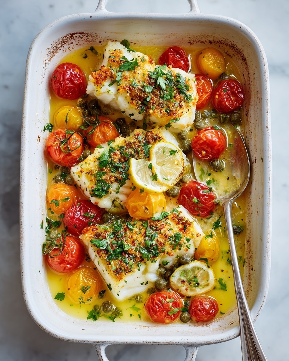 The image shows a white baking dish filled with three pieces of cooked fish fillets layered on top of a sauce with melted white cheese, halved red and yellow cherry tomatoes, thin slices of lemon, and green capers scattered throughout. The fish is golden brown with a peppery, spiced crust and is topped with chopped green herbs. The sauce is light yellow-orange with some fresh herbs mixed in. The edge of the dish is slightly browned and a metal spoon is partially submerged in the sauce on the right side. The setup is on a white marbled surface. Photo taken with an iphone --ar 4:5 --v 7